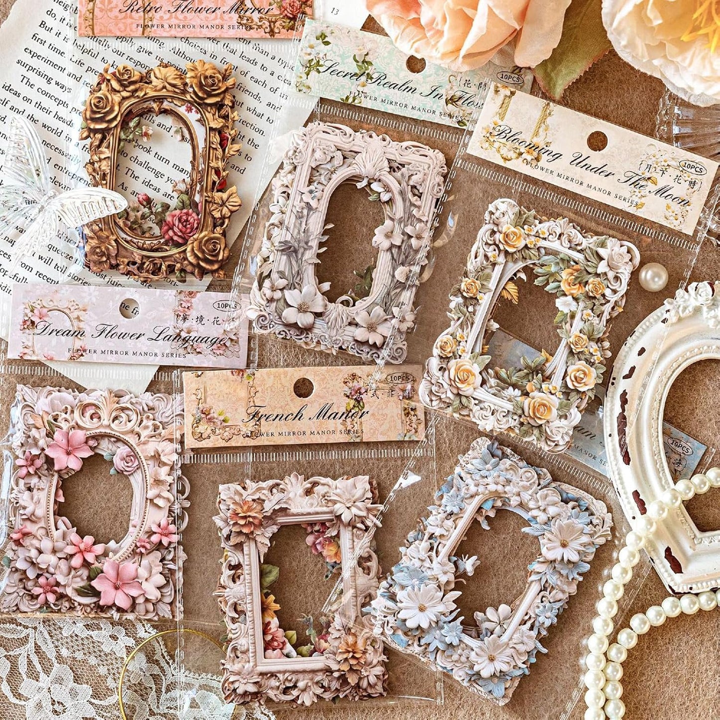 Maxleaf Vintage Frame Cards Set, 60PCS Hollow Flowers Retro Mirror Frame Collage Paper for Scrapbooking Journaling DIY Crafts Planner Diary Album Handmade Work Journal Photo Selfie Decorations