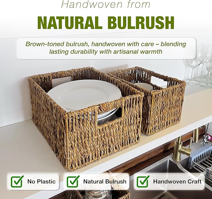 Wicker Basket Set – Stackable Storage Bins for Organizing Pantry & Kitchen – 1 Medium Basket + 1 Small Baskets with Handle – Wicker Storage Baskets for Shelves & More