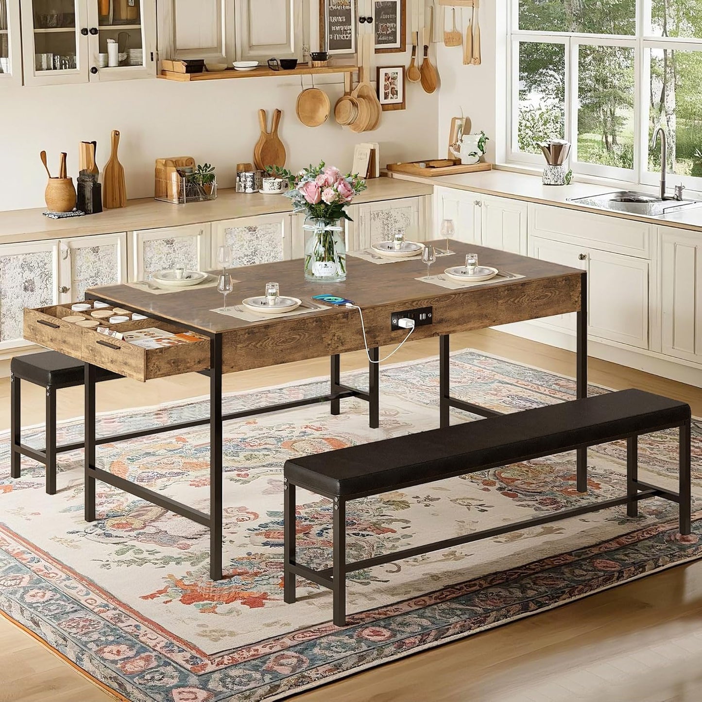 VECELO 65" Dining Table Set for 4-6, 3-Piece Kitchen Set with 2 Utensil Drawers, 2 Benches & Wine Rack, Space Saving & Heavy Duty, with Metal Frame & MDF Board, Rustic Brown