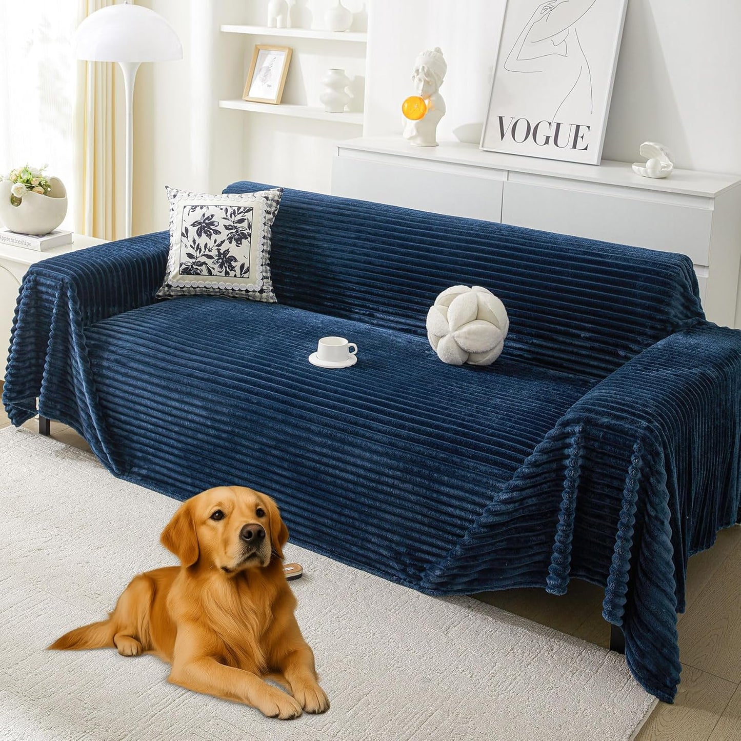 HAOMAIJIA Faux Fur Sofa Covers Couch Covers for 2 Cushion Couch Sofa Pet Friendly Soft Non Slip Couch Cover for Dogs Washable Sectional Couch Covers L Shape Furniture Protector (Navy Blue, 71"x102")