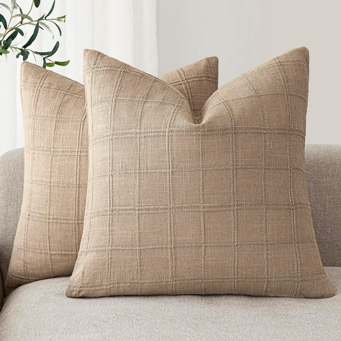 Foindtower Set of 2 Decorative Linen Check Throw Pillow Covers Neutral Farmhouse Vintage Cushion Covers Modern Coastal Boho Home Decor For Sofa Chair Couch Bedroom Living Room Outdoor,20×20 Inch,Camel
