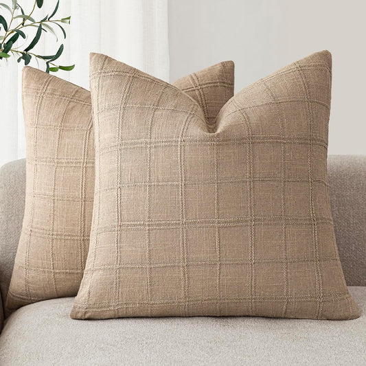 Foindtower Set of 2 Decorative Linen Check Throw Pillow Covers Neutral Farmhouse Vintage Cushion Covers Modern Coastal Boho Home Decor For Sofa Chair Couch Bedroom Living Room Outdoor,26×26 Inch,Camel