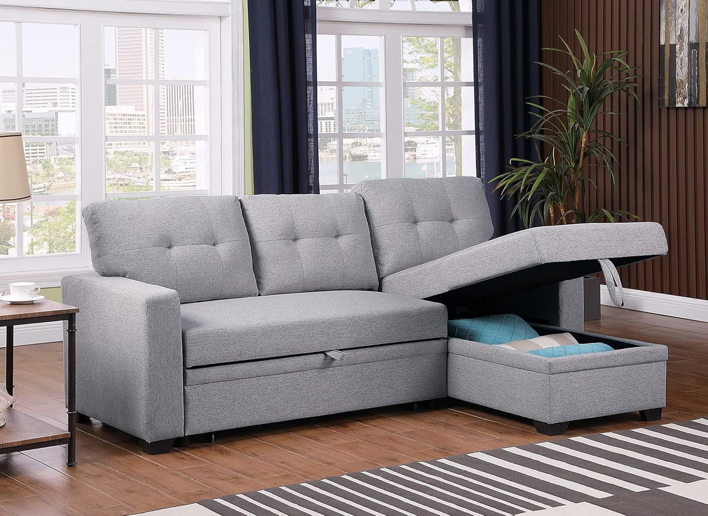 Devion Furniture Garisa 4-in-1 Convertible L Shaped Couch with Pull Out Bed and Storage, Sectional Sleeper Sofa with Reversible Chaise for Living Room, Apartment, Bedroom, Office
