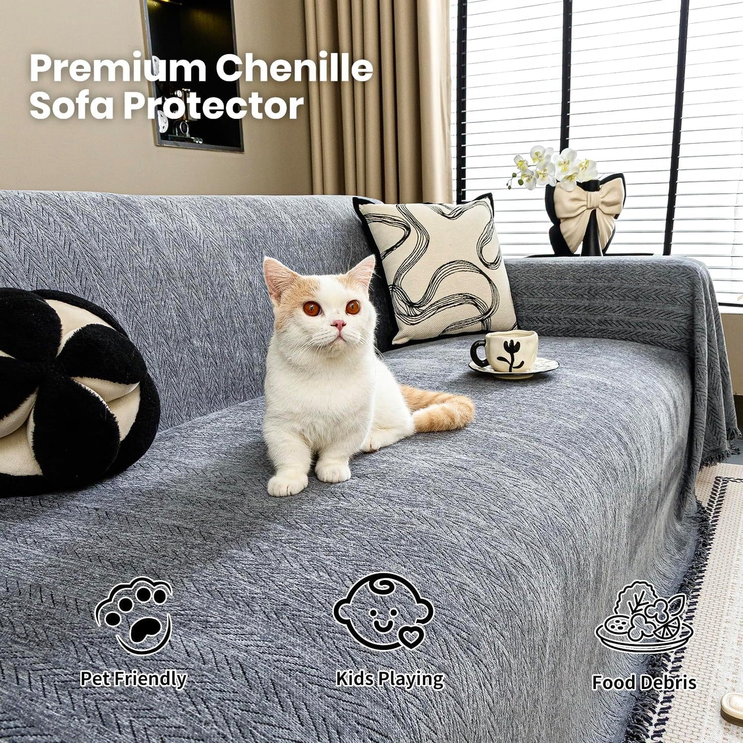 Nobildonna Sofa Chair Cover Waterproof Soft Thicken Chenille Cushion Couch Cover with Tassels,Washable Sofa Slipcovers for Armchair Recliner Sectional Furniture Protector, Dark Gray 71"x71"