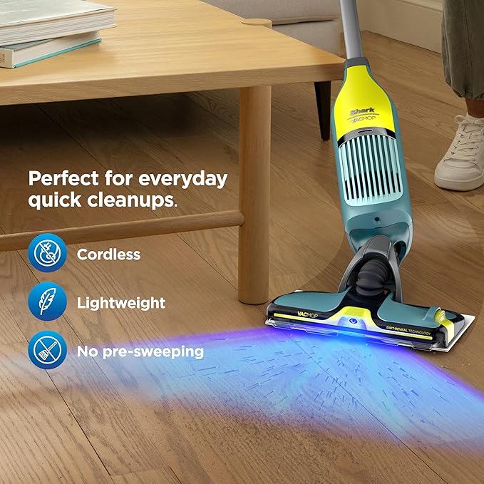 Shark VACMOP Reveal New Cordless Hard Floor Cleaner, Vacuum & Spray Mop, Powerful Suction, Lightweight, Illumination Light, Includes 4 Disposable Pads, 12oz Pet Multi-Surface Cleaning Solution, VM401