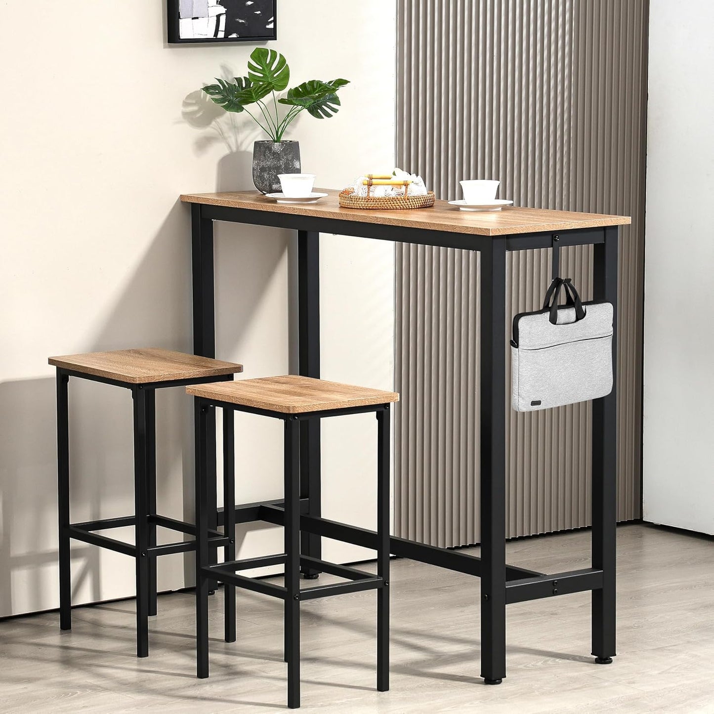 Finnhomy 47" Industrial Bar Table Set with 2 Stools - Counter Height Dining & Pub Table for Small Spaces, Kitchen, Apartment, Breakfast Nook - Metal & Wood, Space-Saving Furniture - Greige
