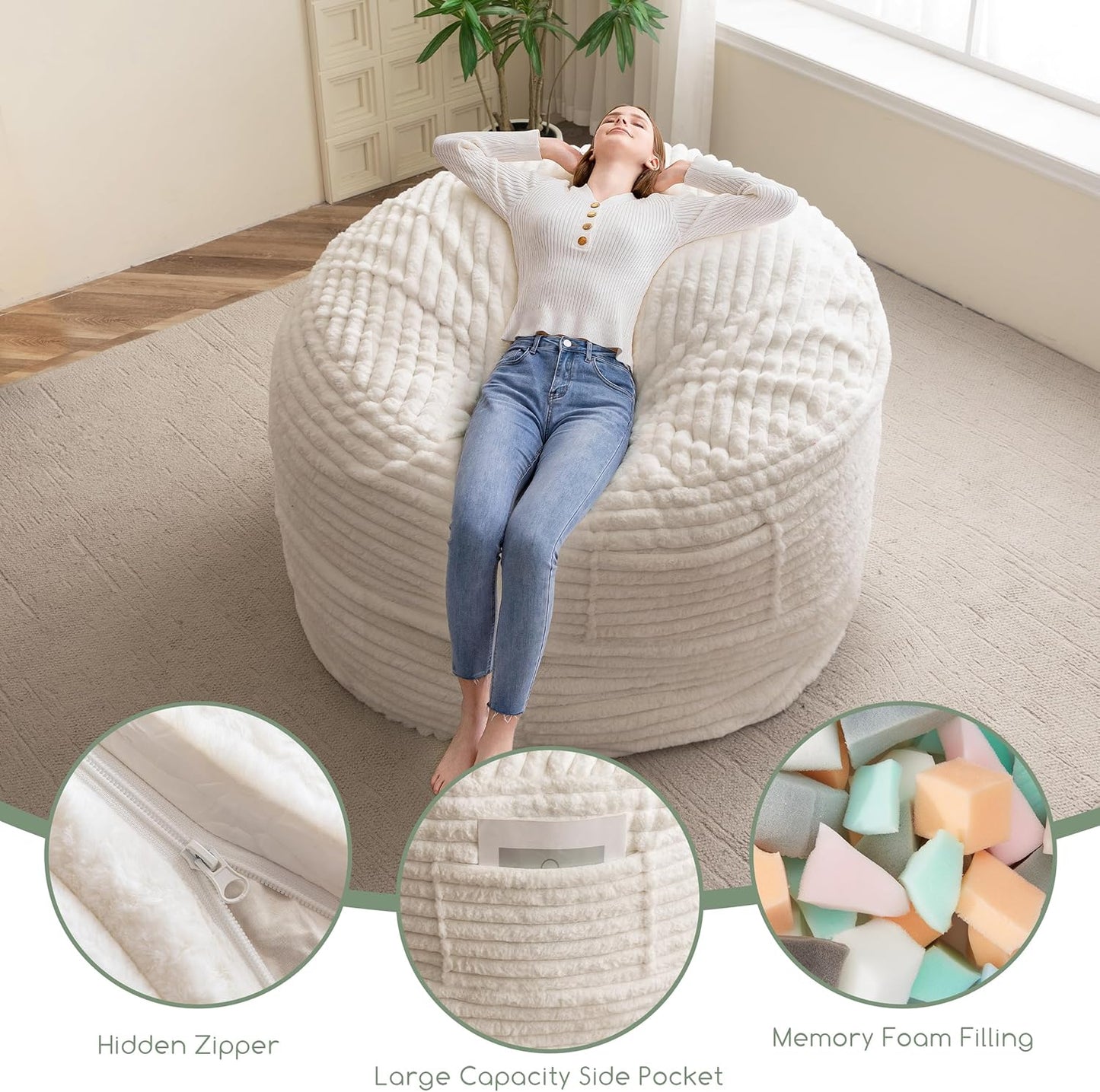 Giant Bean Bag Chair Bed for Adults, Convertible Beanbag Folds from Lazy Chair to Floor Mattress Bed with Machine Washable Cover, Large Floor Sofa Couch with High-Density Foam Filling