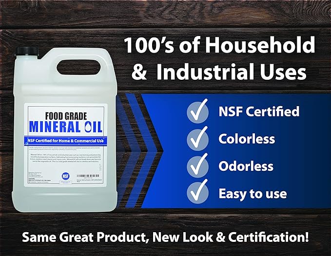 NSF Certified Food Grade Mineral Oil - Gallon (128oz), Certified Food Safe Conditioner for Wood Cutting Boards, Butcher Blocks and Stainless-Steel Kitchen Equipment