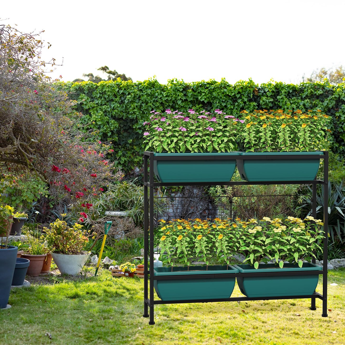 CADUKE Raised Planter Box with Legs, 32" Elevated Vegetable Garden Beds, Raised Garden Bed with Drainage Holes & Trellis, Herb Garden Planter Outdoor for Vegetables, Balcony, Patio, Green