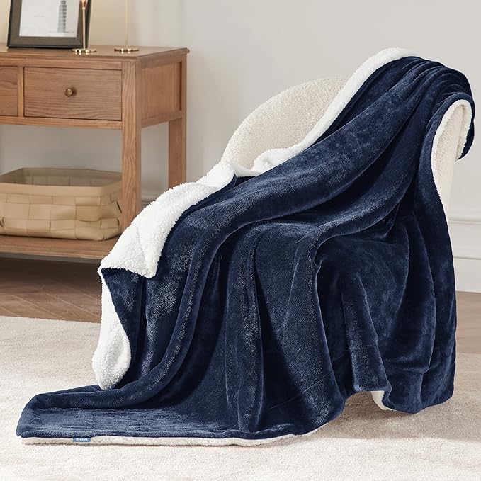 Bedsure GentleSoft Sherpa Fleece Throw Blanket Twin Size for Couch - Thick and Warm Throw for Women and Men, Soft Fuzzy Plush Twin Blanket for Winter, Non-Heated, Navy, 60x80 Inches
