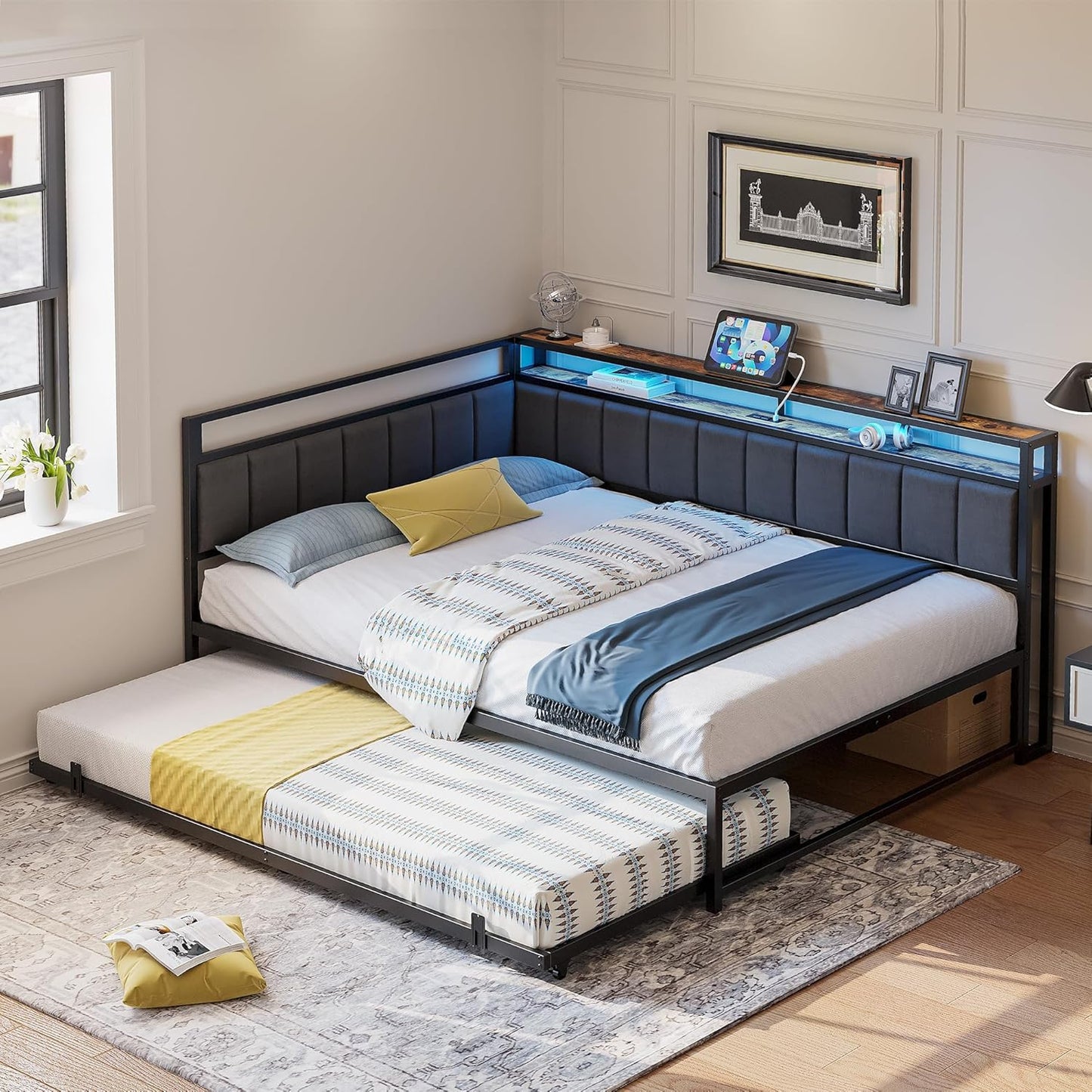 LIKIMIO Corner Twin Bed Frame with Trundle, Upholstered Storage Headboard & LED Lights, Twin Size Daybed with Charging Station, Sturdy Platform Metal Frame for Living Room, Bedroom, Guest Room, Gray
