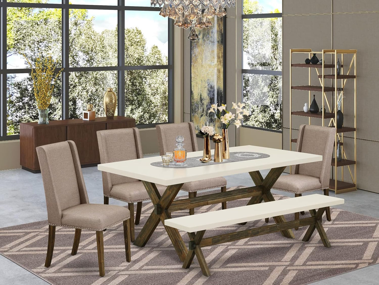 East West Furniture X727FL716-6 6 Piece Dining Set Contains a Rectangle Dining Room Table with X-Legs and 4 Dark Khaki Linen Fabric Parson Chairs with a Bench, 40x72 Inch, Multi-Color