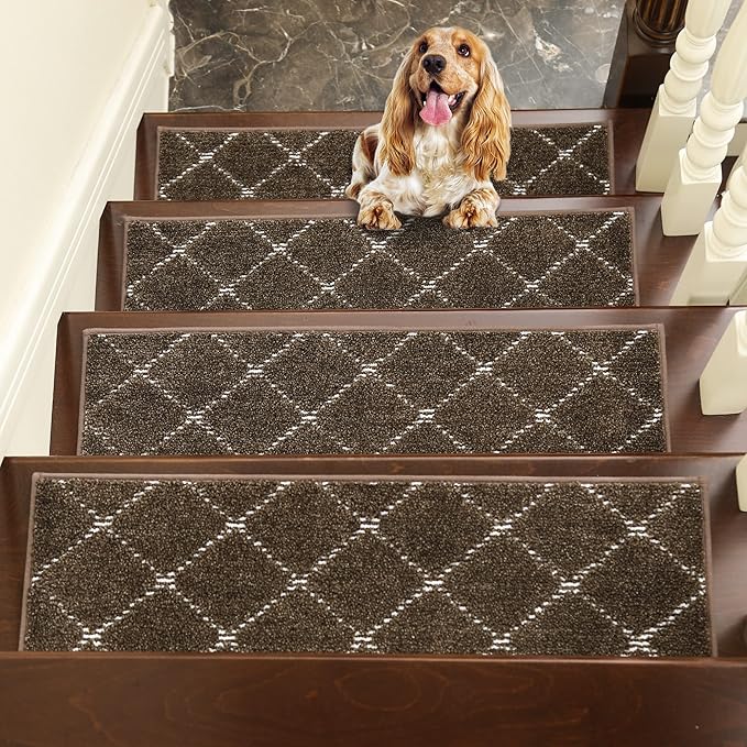 BEQHAUSE Stair Treads Non Slip Stair Runners for Wooden Steps Machine Washable Stair Rugs Soft Polyester Stair Runner Mats for Dogs Kids Brown Carpet Stair Treads,4PCS