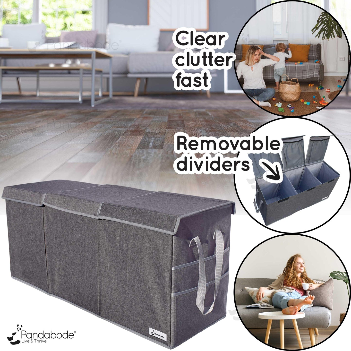 Pandabode Extra Large Toy Box - Big Sturdy Collapsible Chest - Toy Storage Organizer with Pockets - for Living Room or Kids bedroom- 36 x 16 x 12 in - Grey