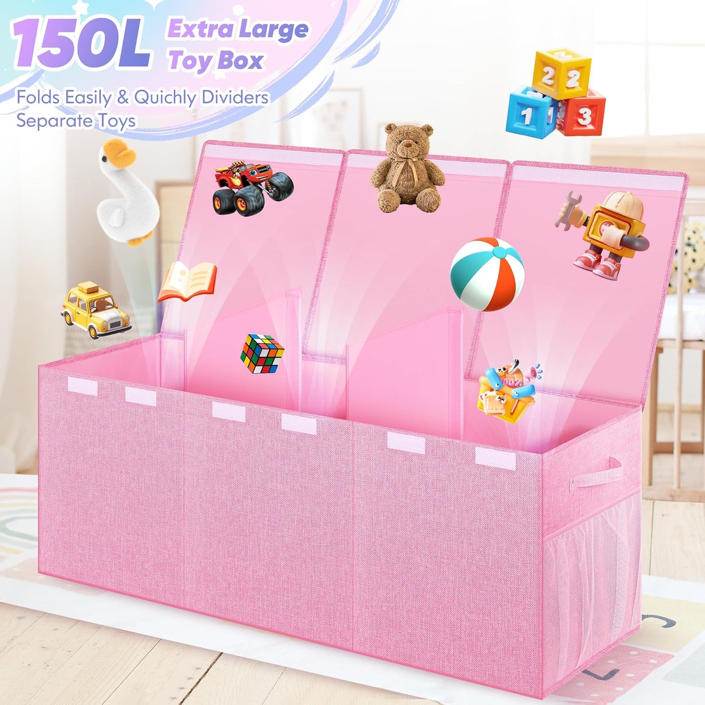 Extra Large Toy Box, Toybox for Kids Boys Girls, Collapsible Sturdy Toy Storage Organizer with Mesh Pockets, 40"x14"x16" Kids Storage Boxes Bins Baskets for Nursery, Playroom, Pink