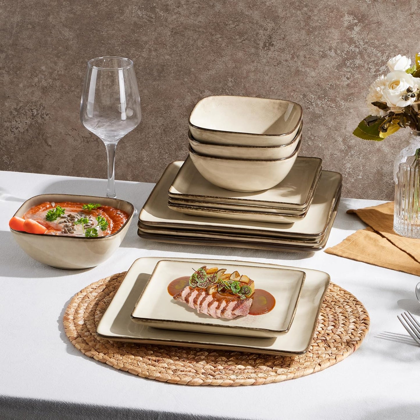 E-far Square plates and bowls Sets for 6, 18-Piece Reactive Glaze Stoneware Dinnerware Sets, Porcelain Dishware Sets for Kitchen Home, Microwave & Dishwasher Safe, Sandy Beige