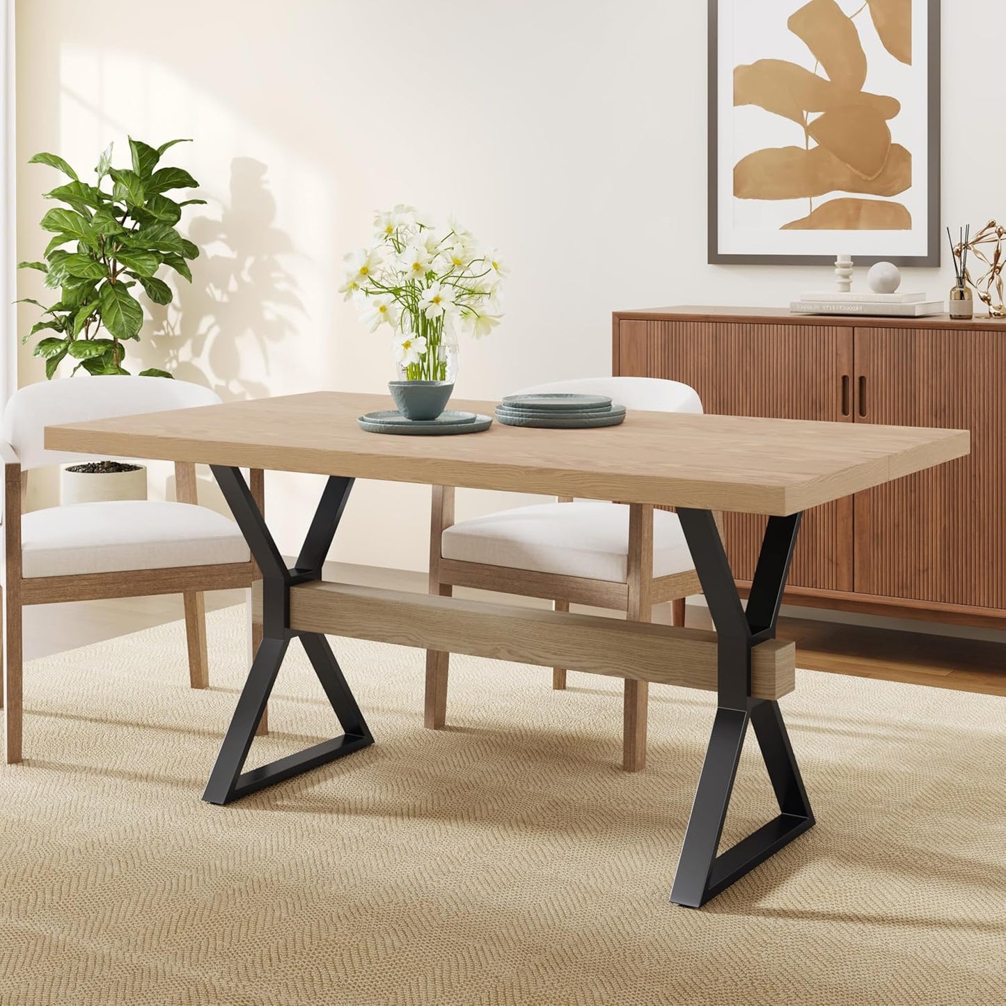 Christopher Knight Home Keyats 63 Inch Dining Table for 6 People, Modern Farmhouse Kitchen Table with X-Shaped Metal Legs, Rectangular Dinner Furniture for Dining Room, Home Office, Light Ash