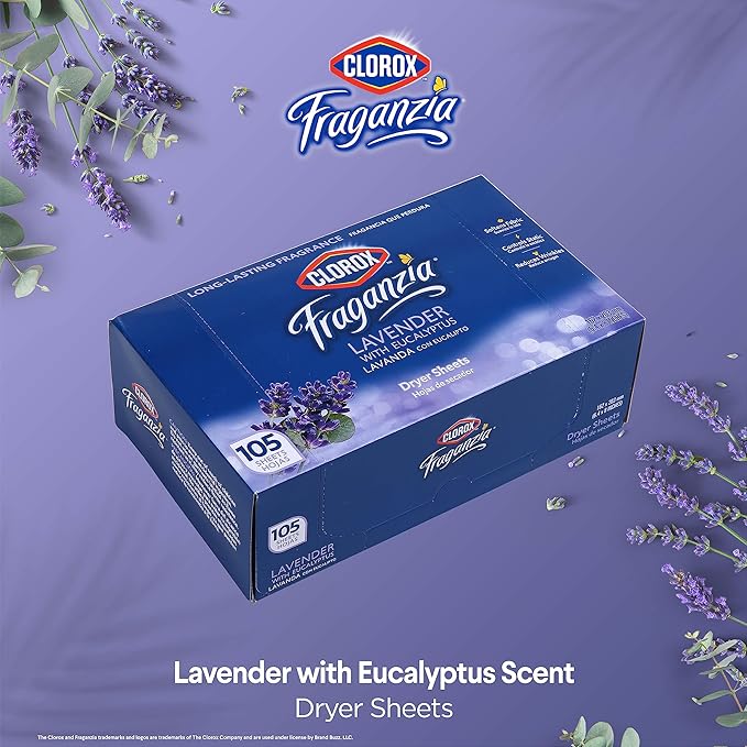 Clorox Fraganzia Fabric Softener Dryer Sheets, Lavender Scent - Wrinkle Reducing Scented Softening Laundry Sheets for Great Smelling Clothes, 105 Count - 6 Pack