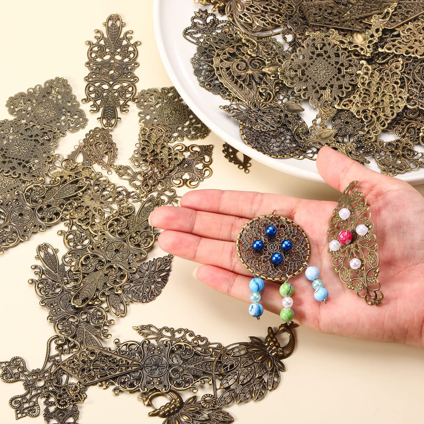Luinabio 120 Pieces Filigree Connectors Charms Pendants Decoration Tibetan Metal Filigree Findings Embellishments for DIY Hairpin Necklace Earring Jewelry Making(Bronze,Fresh Style)