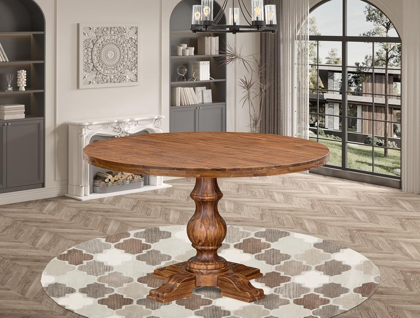 I55-0N-TP Modern Dining Table with Acacia Wood Round Tabletop and Stylish Pedestal Base - Antique Walnut Finish
