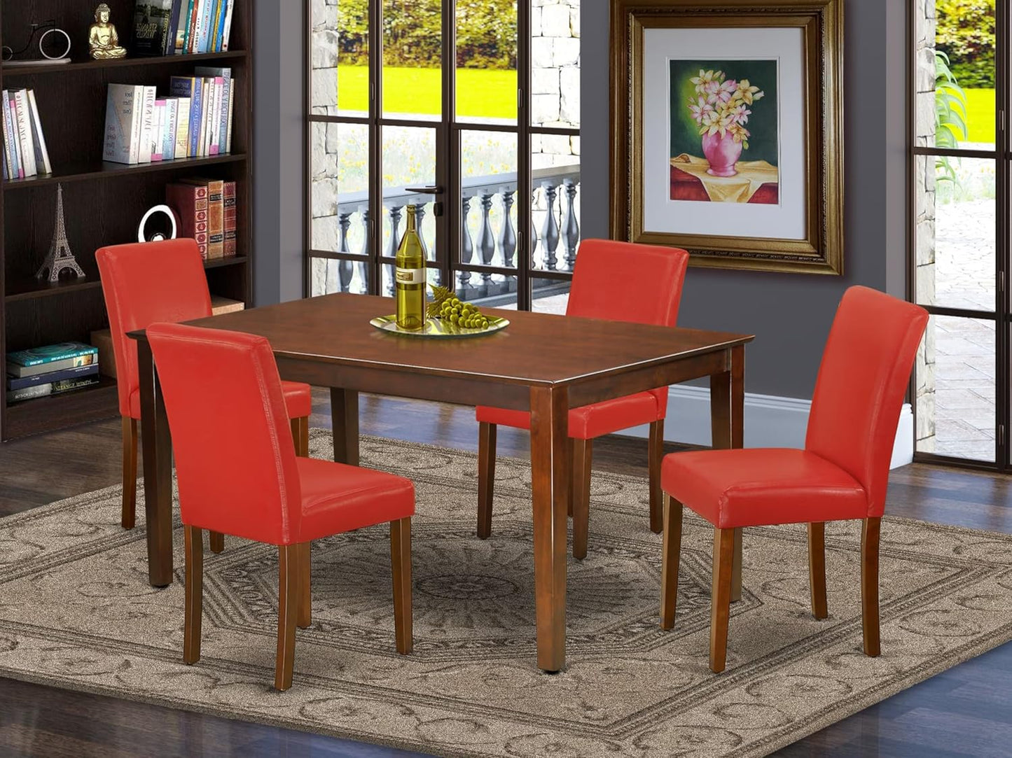 East West Furniture CAAB5-MAH-72 5 Piece Dining Set Includes a Rectangle Dining Room Table and 4 Firebrick Red Faux Leather Upholstered Chairs, 36x60 Inch, Mahogany