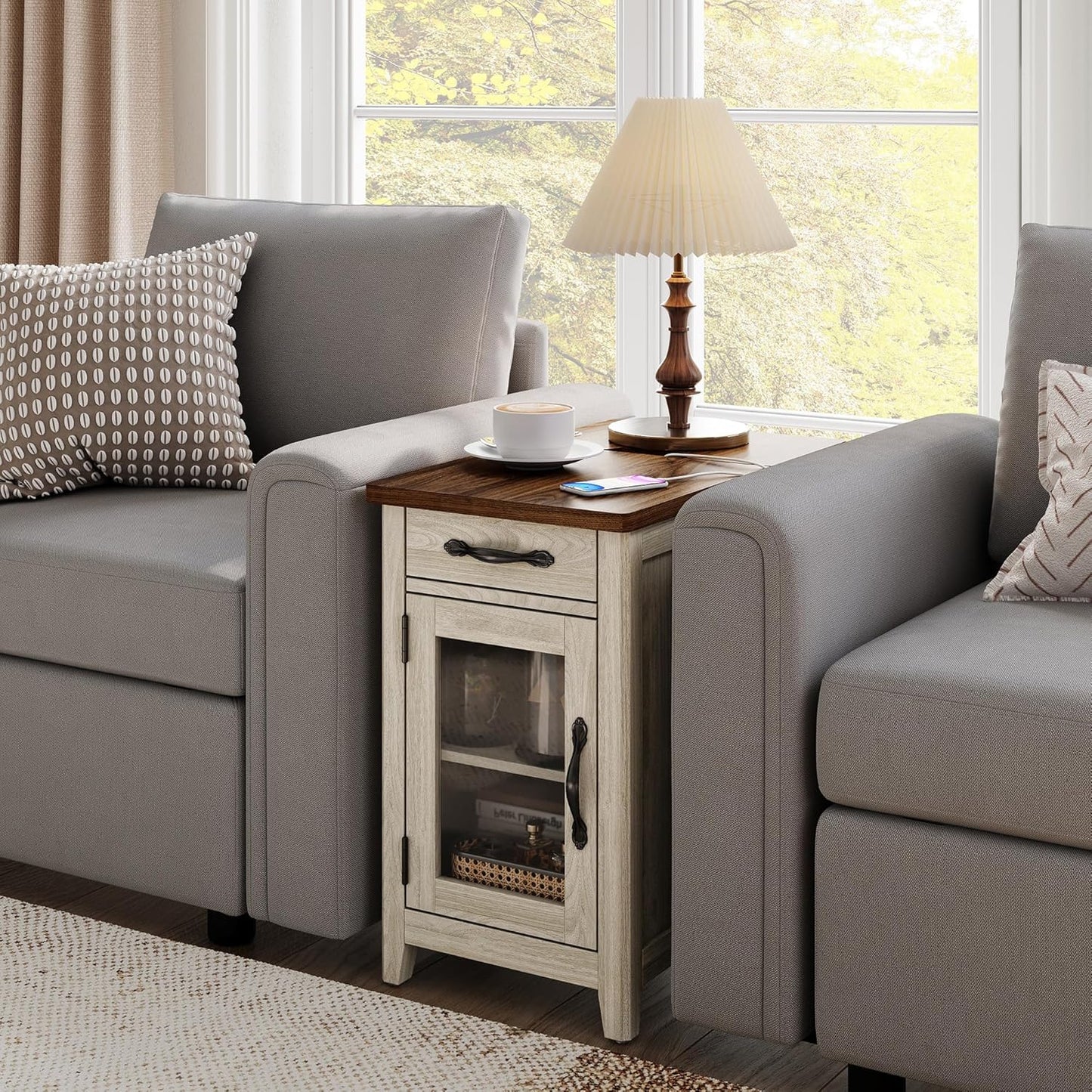 LINSY HOME End Table Set of 2 with Charging Station, Modern Farmhouse Sofa Couch Side Table, Wooden Bedside Table for Living Room, Slim Nightstand with Storage Cabinet for Small Space, Glass Door