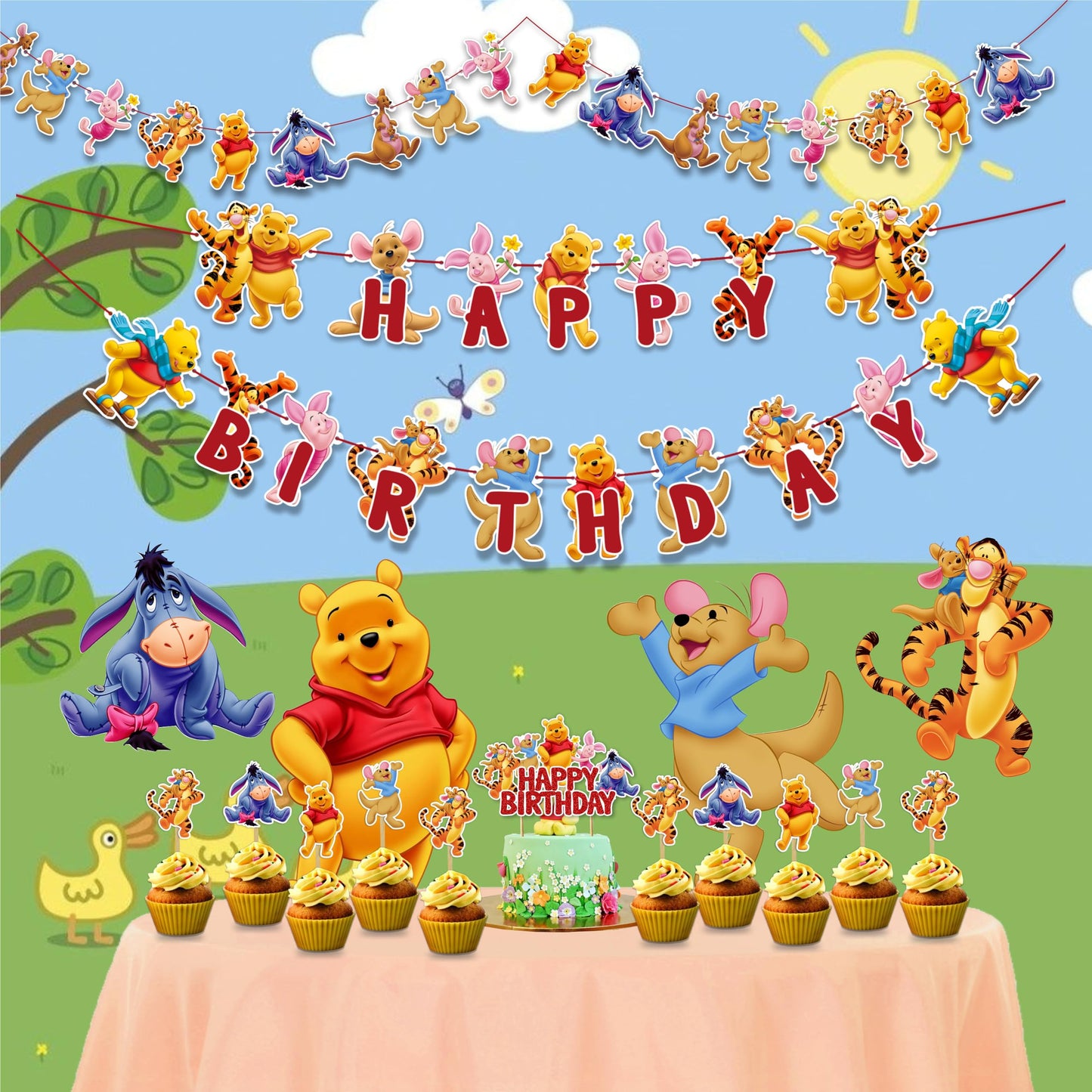 Winie The Pooh Theme Birthday Party Supplies, Cartoon Bear Party Decoration Set, Cute Themed Celebration Decor Kit for Birthday, Table Setup, Backdrop, Home Event Decoration Supplies