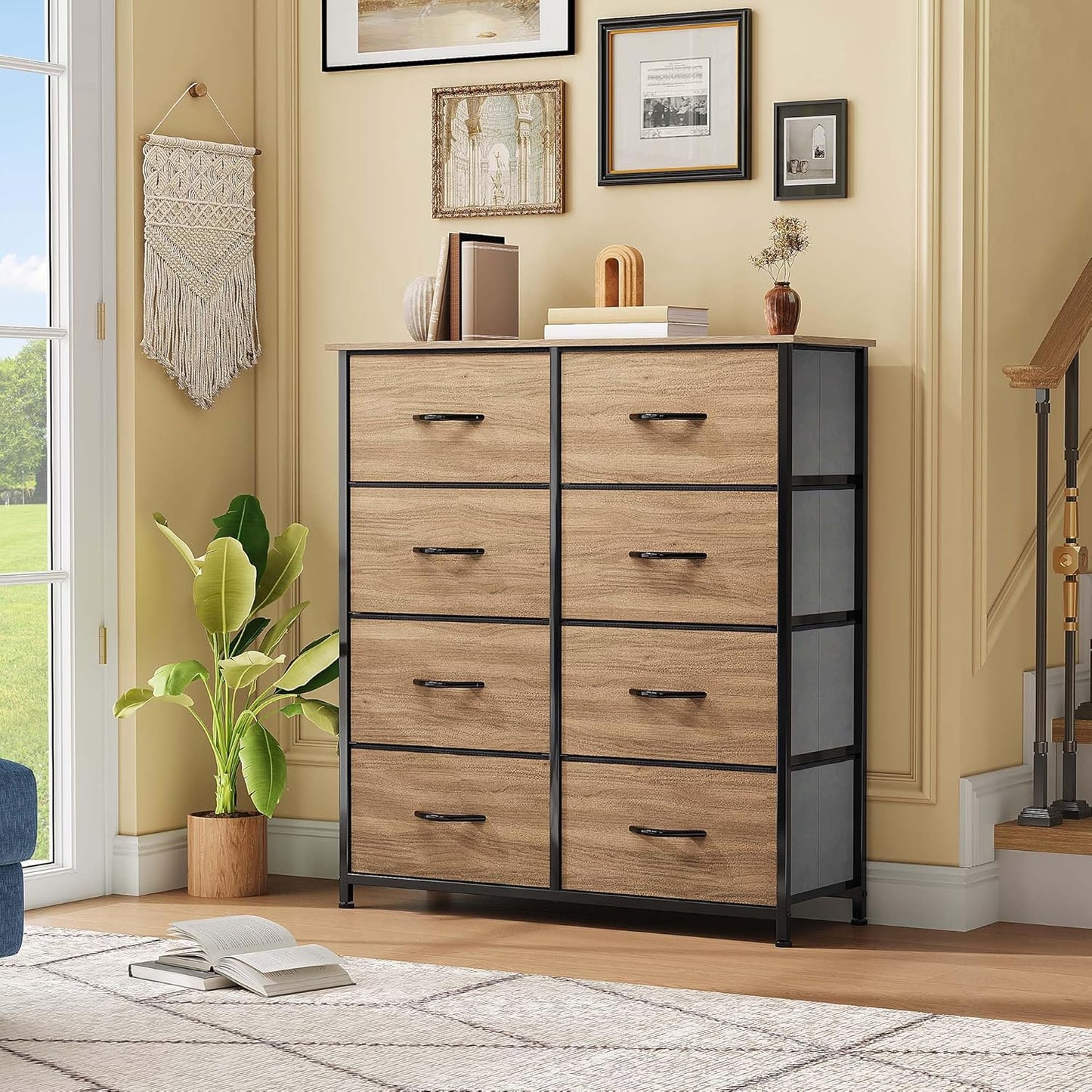 DWVO Dresser with 8 Drawers - Fabric Storage Tower, Organizer Unit for Bedroom, Hallway, Closets - Sturdy Steel Frame, Wooden Top & Easy Pull Fabric Bins (Burlywood Grain)