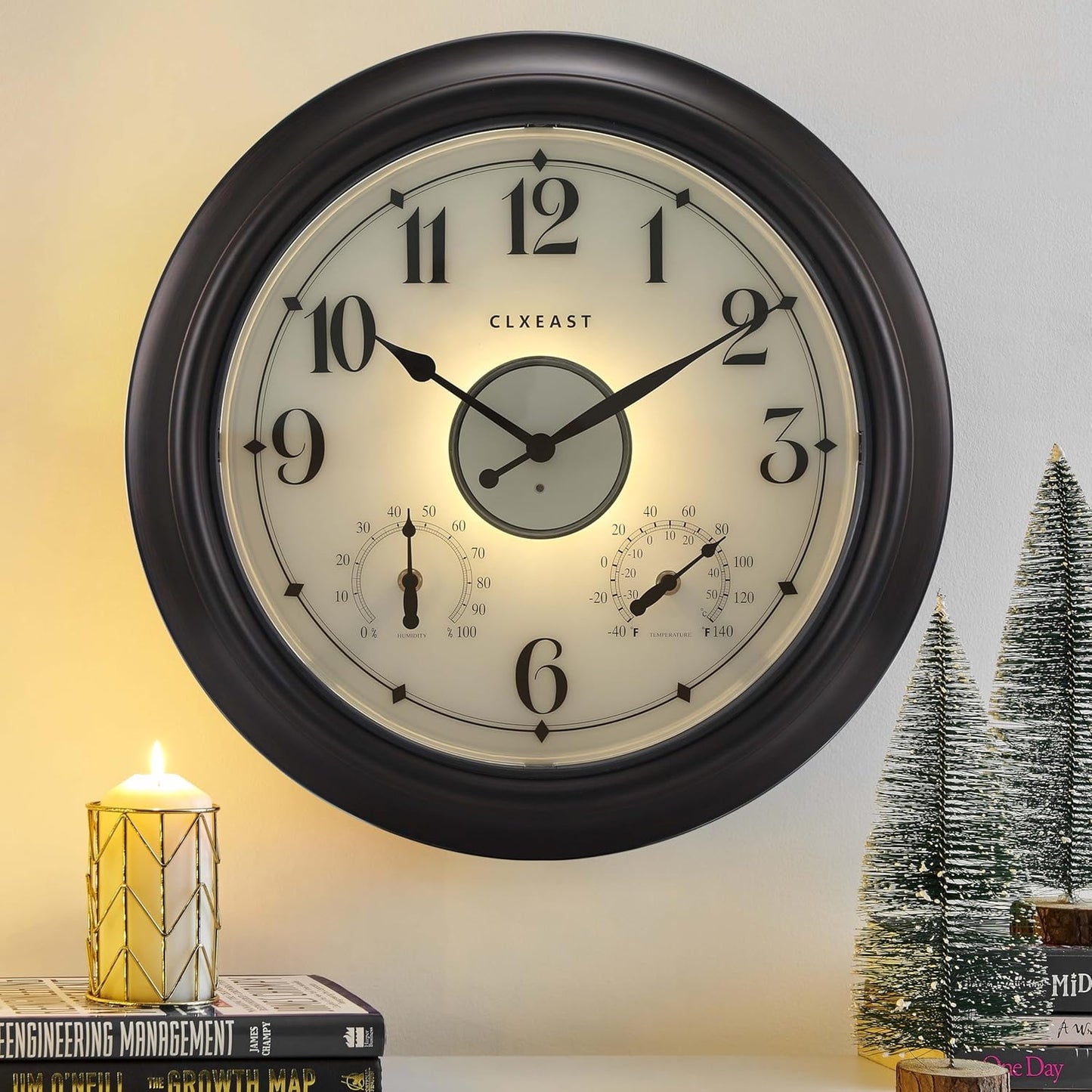 CLXEAST Illuminated Indoor Outdoor Clocks Waterproof 18 inch with Smart Night Light Sensor,Large Wall Clock with Thermometer & Hygrometer,Oil Rubbed Bronze Black,House Warming Gifts New Home