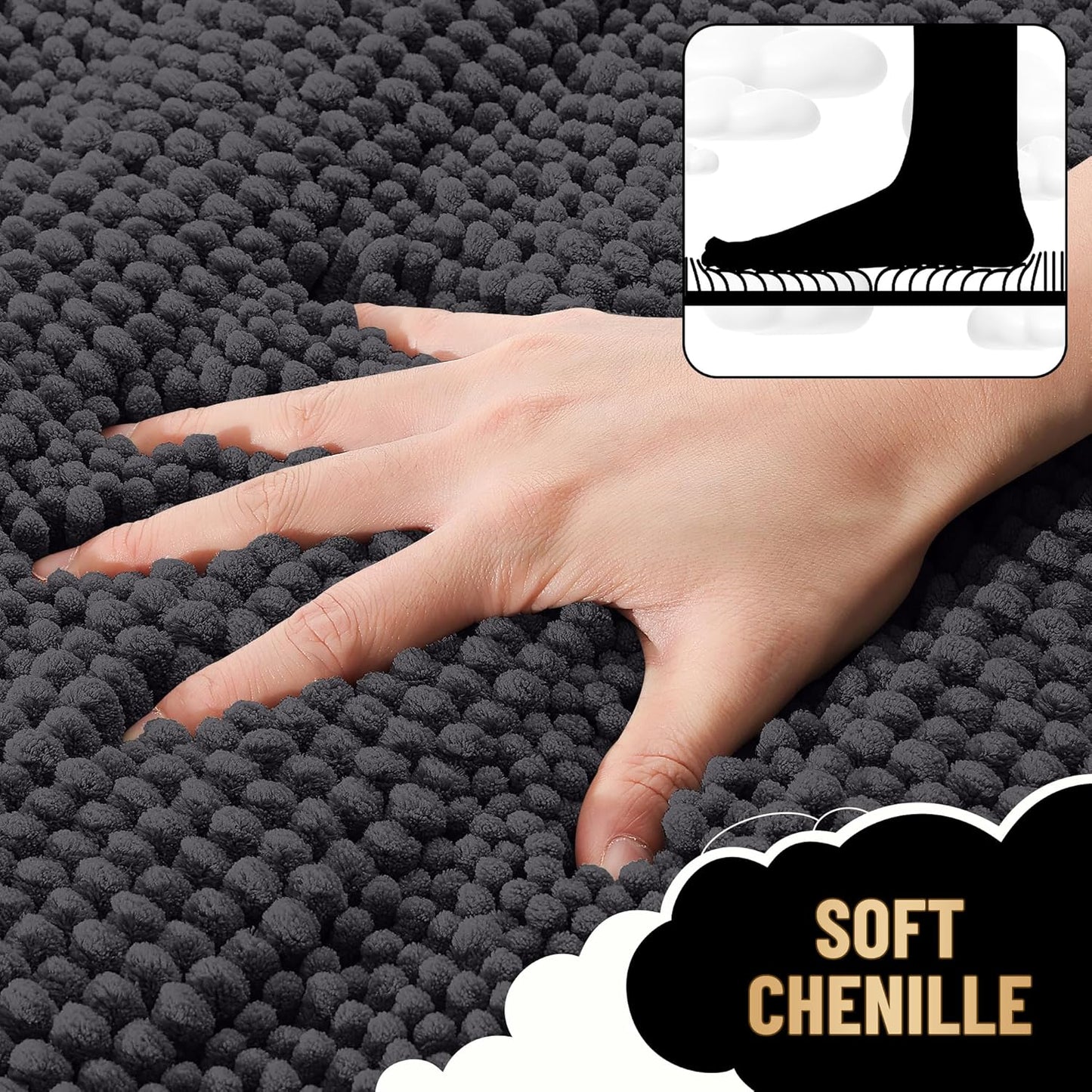 OLANLY Thick Bathroom Rugs 47x20, Extra Soft Absorbent Chenille Striped Bath Rugs, Rubber Backing, Machine Wash Dry, Bath Mats for Bathroom Floor, Tub and Shower, Home Decor Accessories, Dark Grey