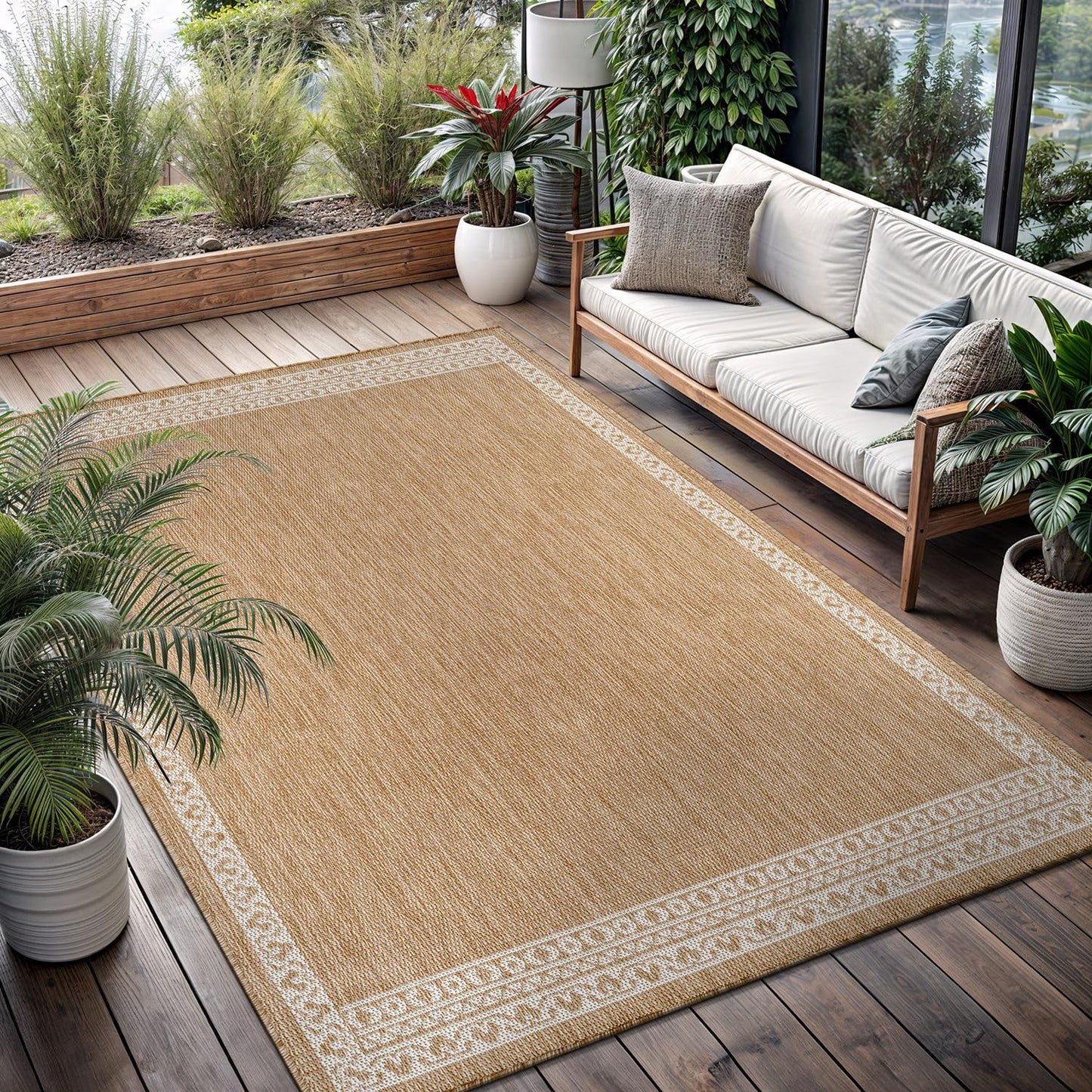 Washable Outdoor Rug 8x10 Modern Area Rugs Outdoor Carpets Bordered Pattern Non Shedding Waterproof Easy Clean Patio Deck Porch Living Room Bedroom Garden RV (8 X 10 Natural)