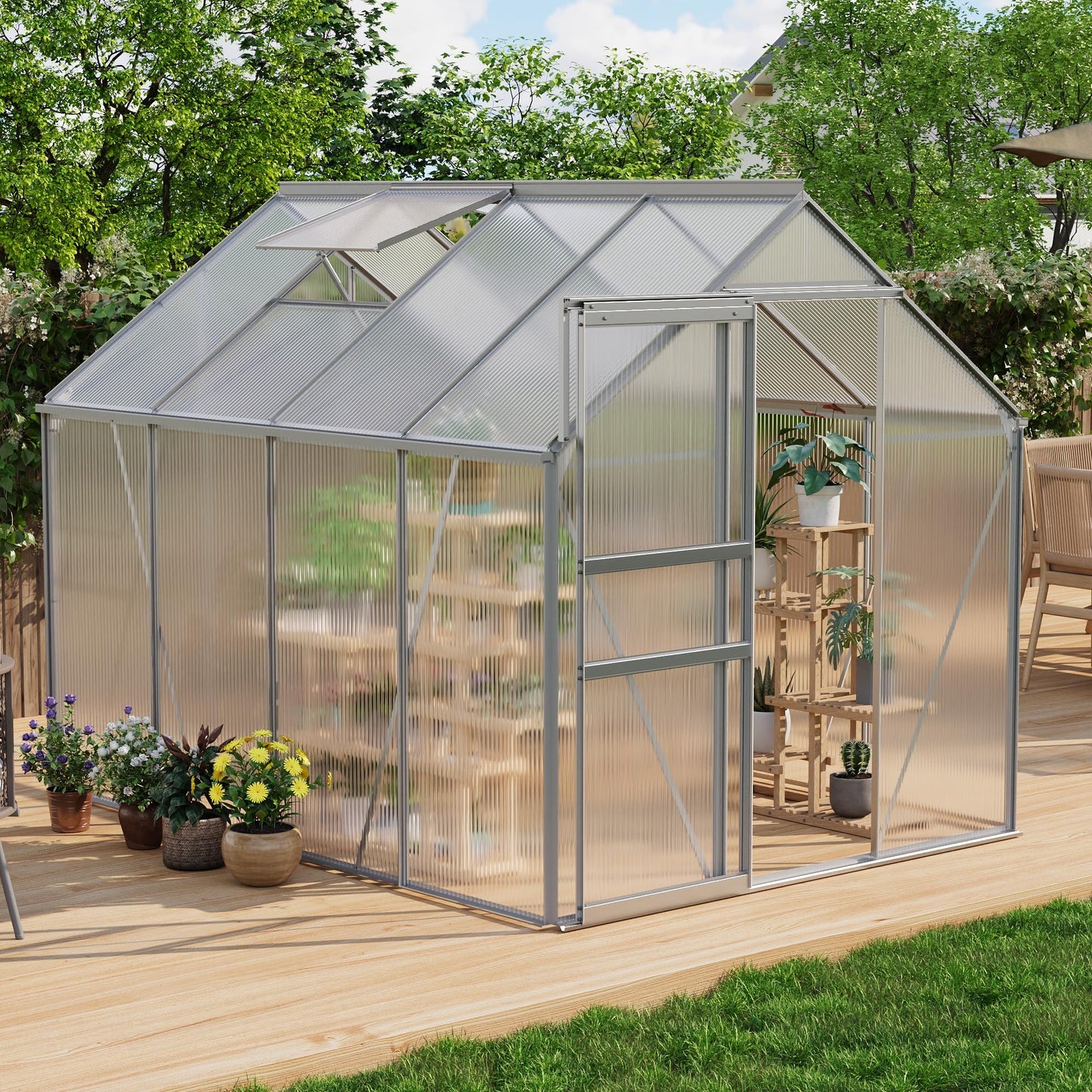 GAOMON Greenhouses, Large Walk in Greenhouses for Outdoors and Garden Planting, Polycarbonate Greenhouse with Enhanced Aluminum Frame, Adjustable Roof Vent ＆ Sliding Door for Winter Use(White, 6*8FT)