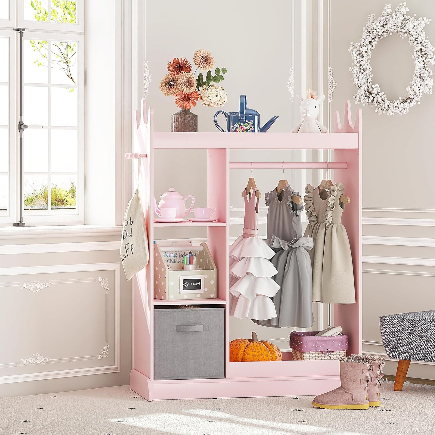 UTEX Kids Armoire Wardrobe Closet with Mirror and Storage Bin, Pink, 33.4 in W x 15.75 in D x 44.5 in H