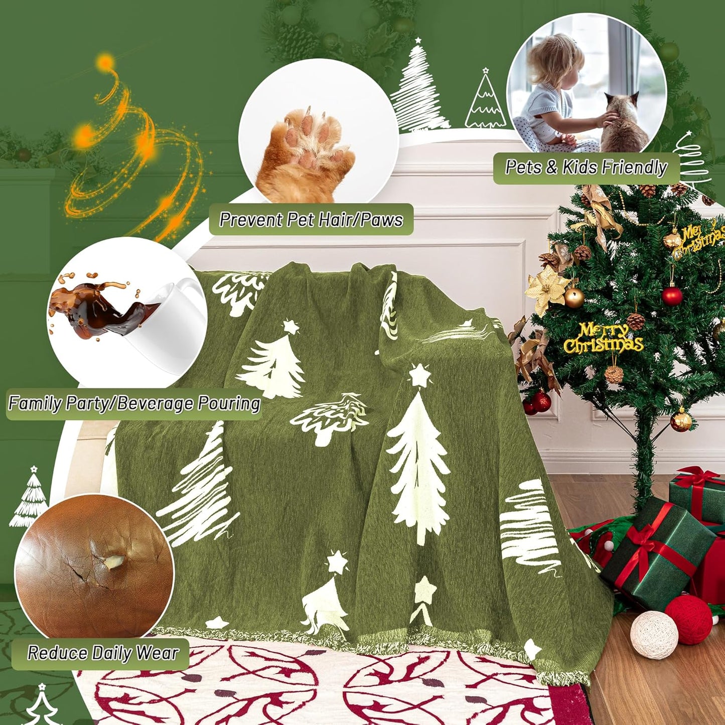 MYSKY HOME 71X134 inches Sofa Christmas Couch Cover, Sectional Sofa Covers Sofa Slipcover for 3 Cushion Couch, L Shape Couch Covers for Dogs, Washable Sofa Blanket, Furniture Protector, Green