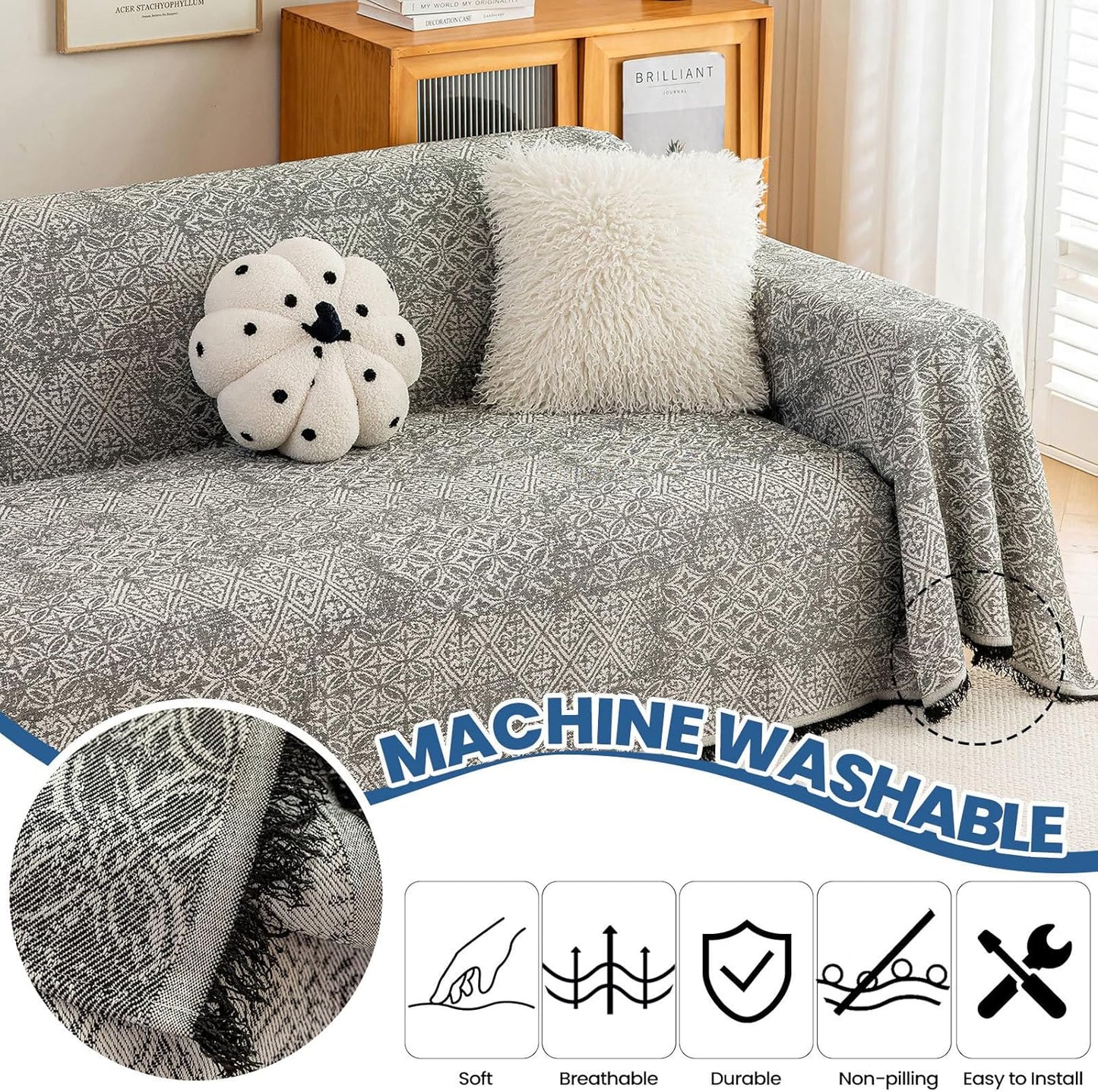 STACYPIK Geometric Pattern Sofa Cover Blanket, Black Couch Throw for Living Room, Couch Covers for Dogs, Washable Furniture Protector for 3 Cushion Sofa with Tassel, Anti-Slip Throw Cover-71X134IN