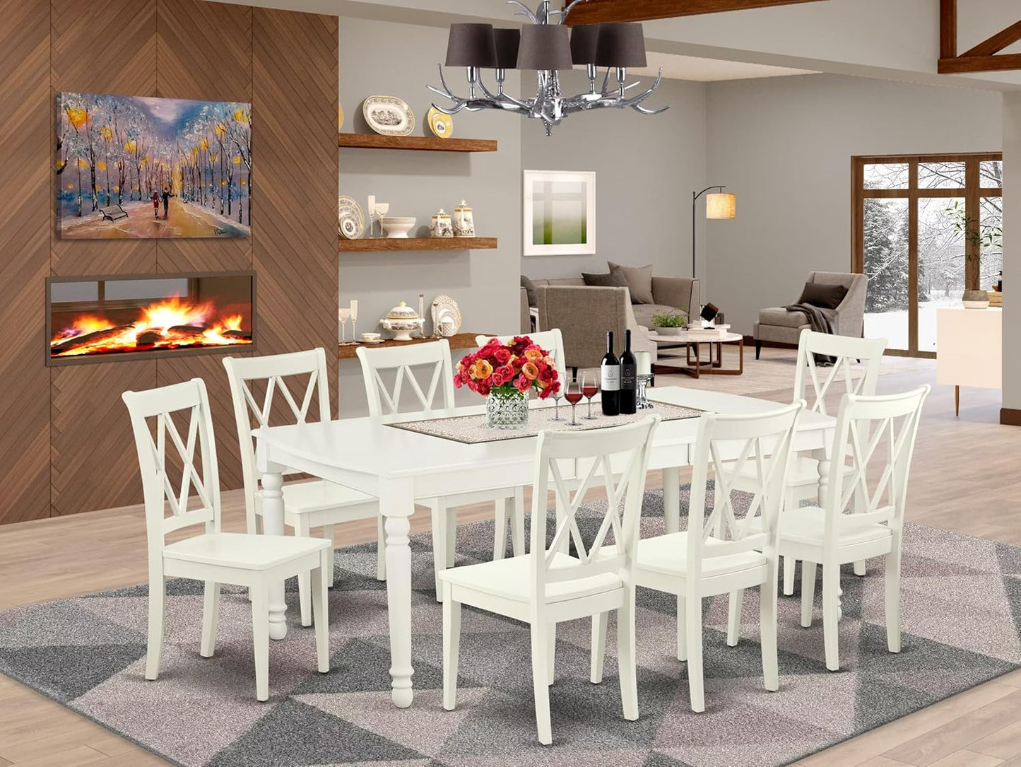 East West Furniture DOCL9-LWH-W 9 Piece Dining Table Set Includes a Rectangle Dinner Table with Butterfly Leaf and 8 Dining Room Chairs, 42x78 Inch, Linen White