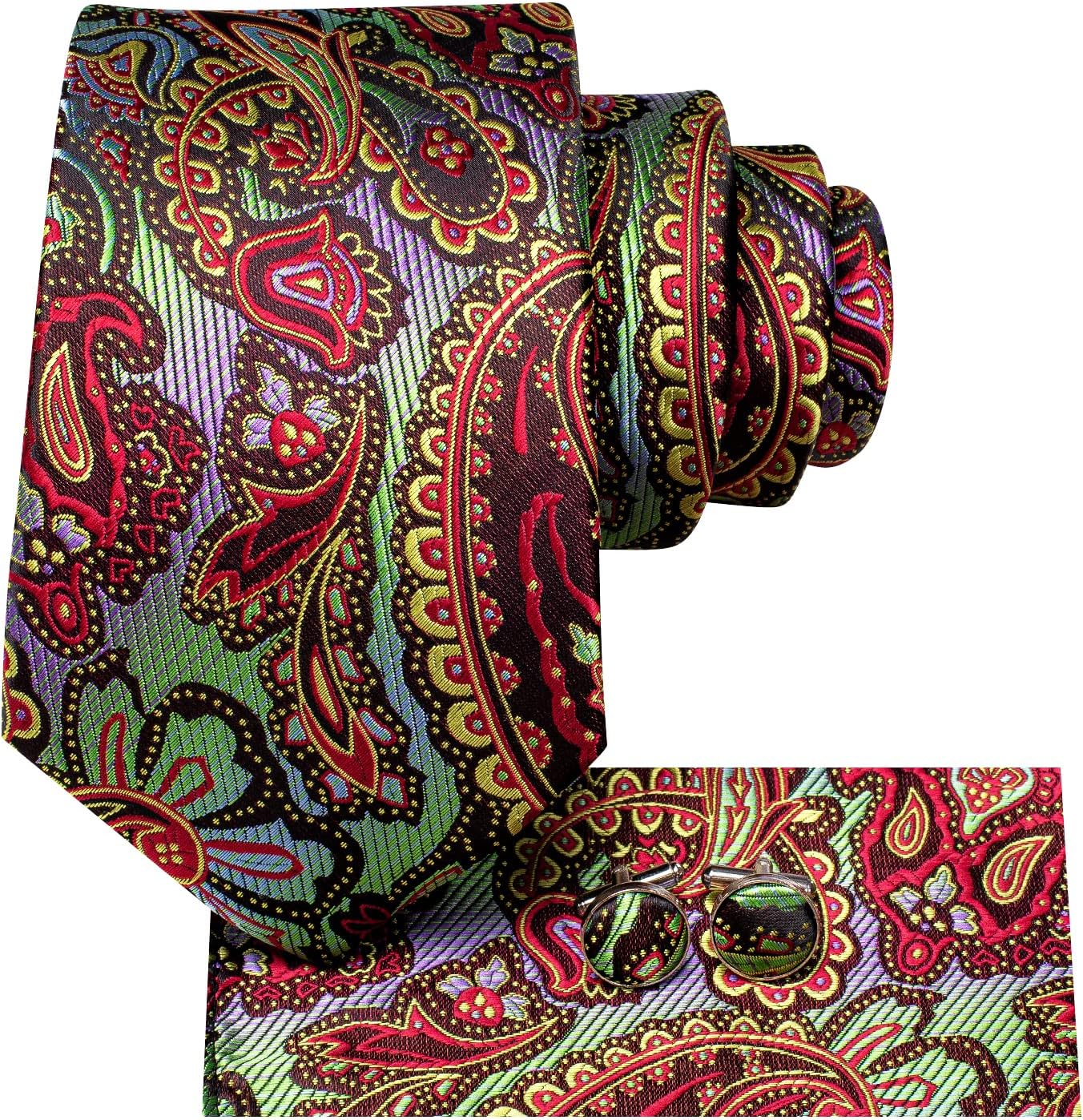 Dubulle Mens Paisley Striped Tie WOVEN Necktie for Men and Handkerchief Cufflinks Set Wedding Formal Business