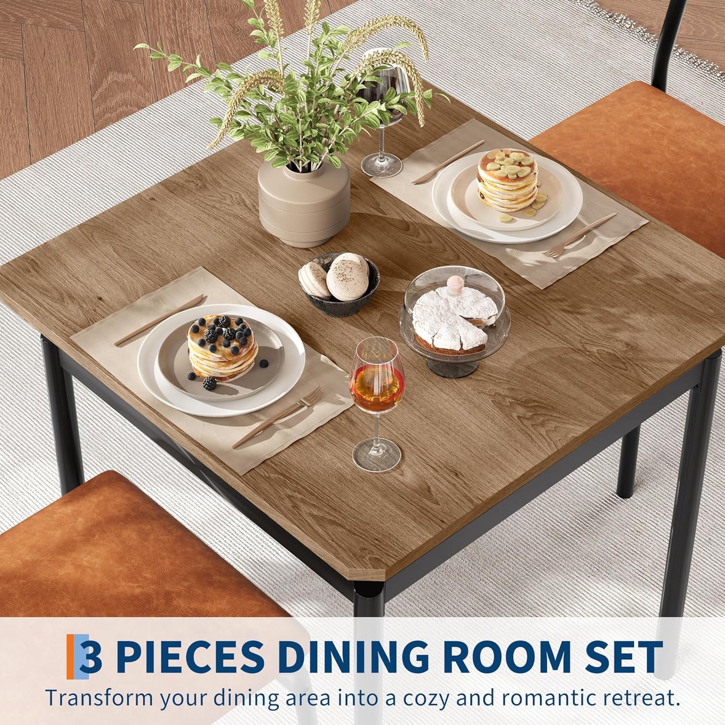IDEALHOUSE 3 Piece Dining Room Table Set, Kitchen Table Set for 2 with Brown Wooden Grain Kitchen Table and 2 PU Upholstered Metal Chairs, Dining Room Set for Small Space,Home Dinner(2 Brown Chairs)