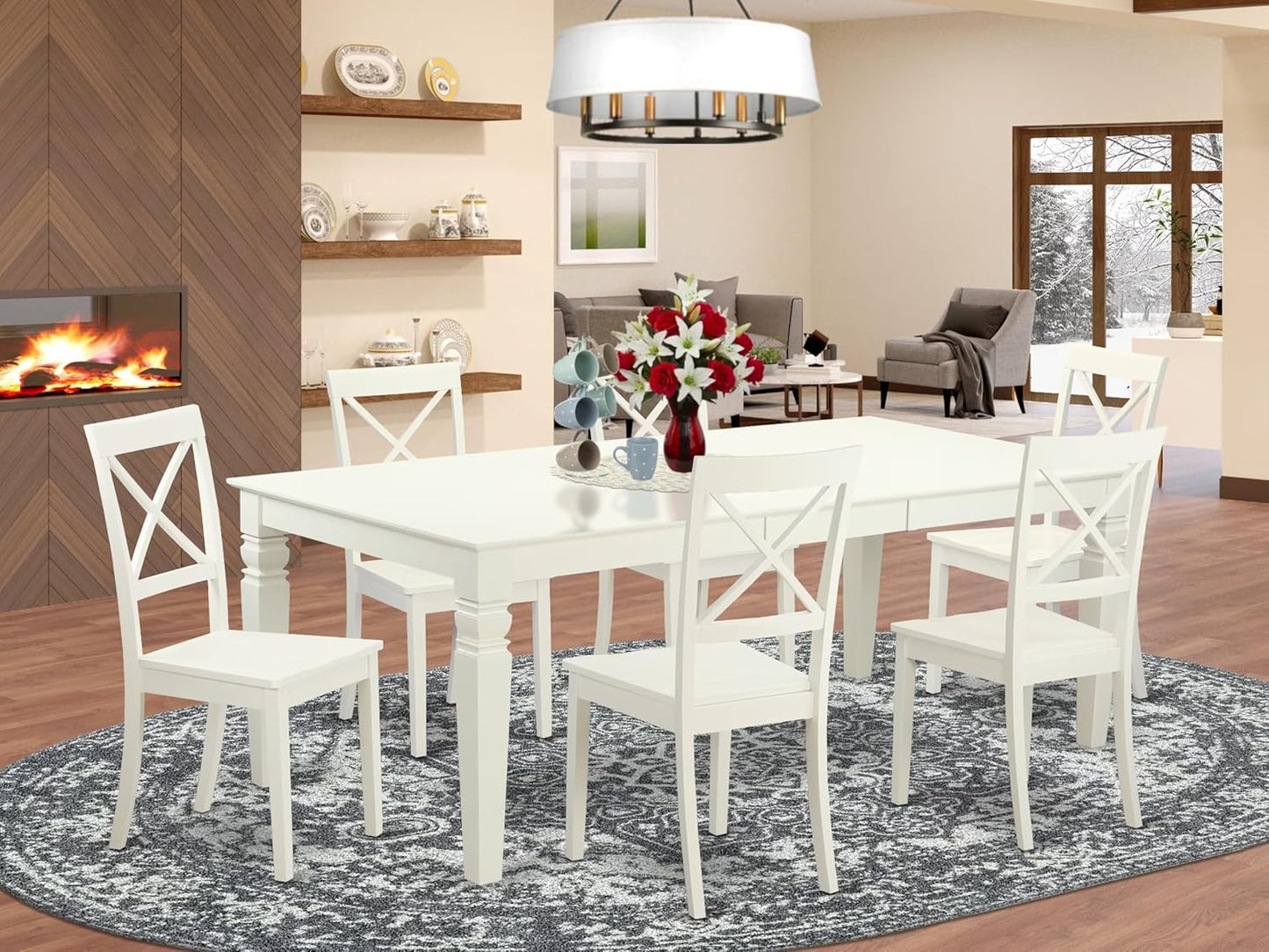 East West Furniture LGBO7-LWH-W 7 Piece Kitchen Table Set Consist of a Rectangle Dining Table with Butterfly Leaf and 6 Dining Room Chairs, 42x84 Inch, Linen White