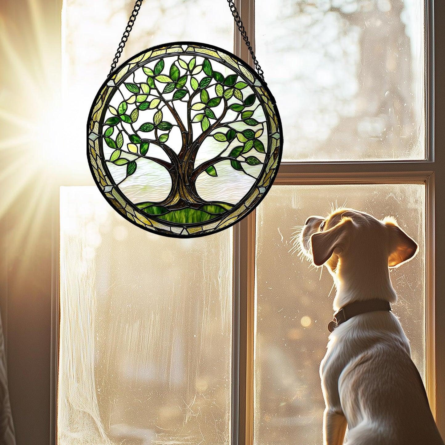 AMDERVEN Stained Glass Window Hanging - Brown Tree Trunk Green Leaves Sun Catcher for Door Garden Home Decor Plant Suncatcher Christmas Mother's Day Birthday Gifts for Women Men Mom Nana 7.8 in
