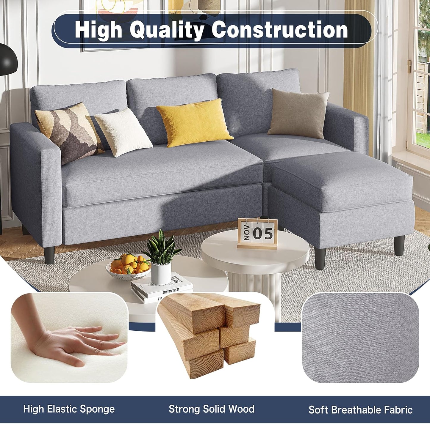 Small Sectional Sofa Couch, 3 Seat L Shaped Couches with Ottoman, Upholstered Fabric Convertible Sofa, Small Couch for Apartments, Living Room and Office (Light Grey)
