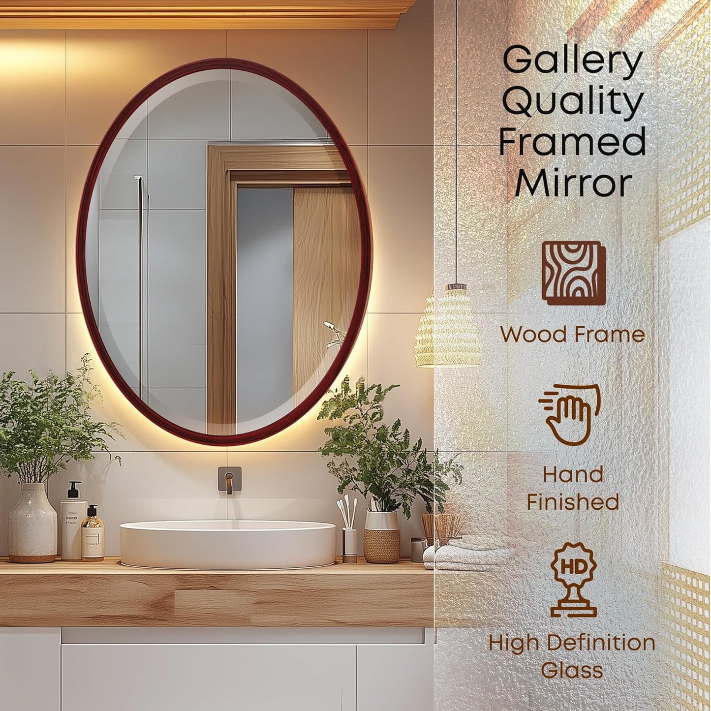 OVALCREST - Oval Wooden Beveled Wall Mirror for Home Decor, Bathroom, Vanity, Bedroom, Living Room, Hallway - London Style (Black Cherry) 25.1 x 31.1