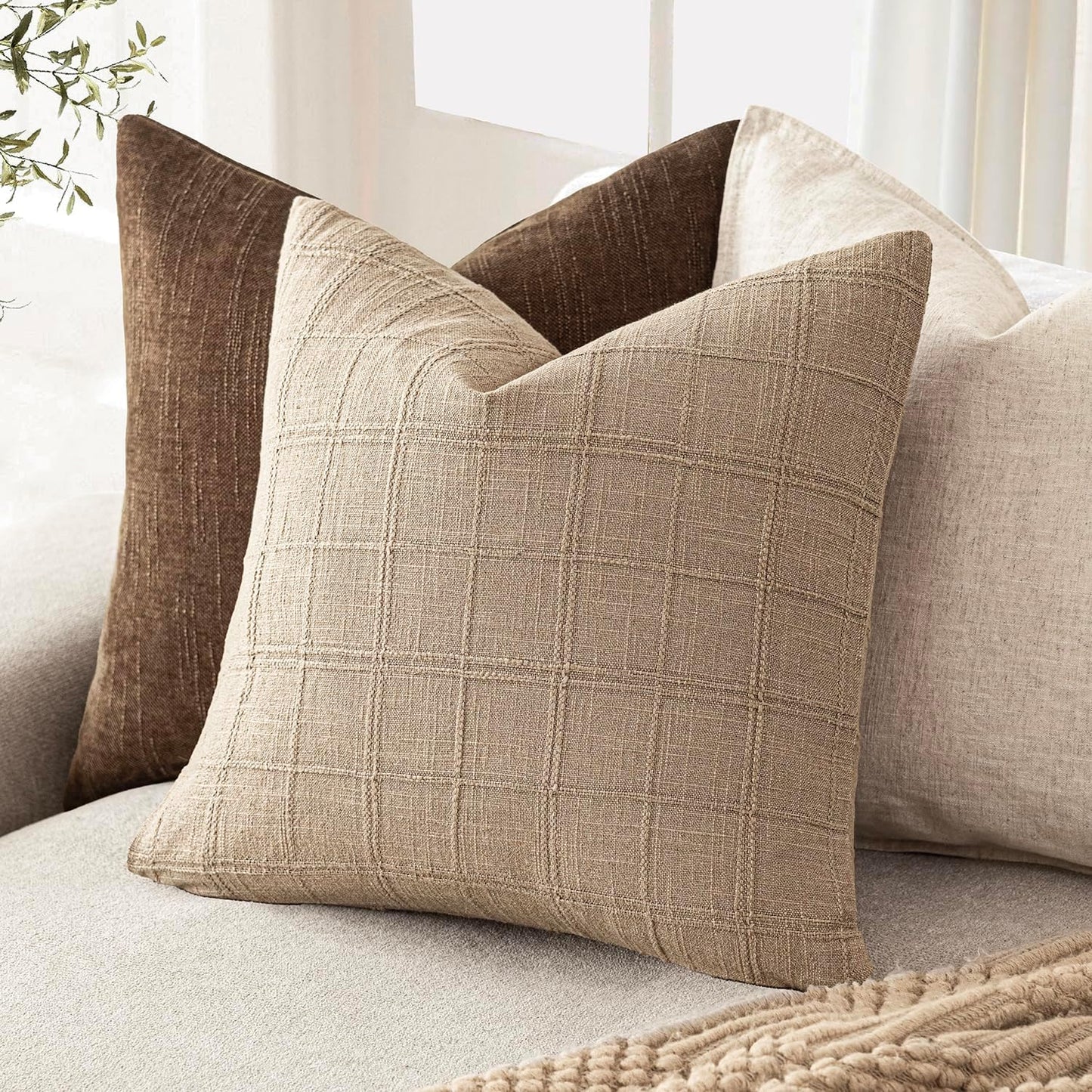 Foindtower Set of 2 Decorative Linen Check Throw Pillow Covers Neutral Farmhouse Vintage Cushion Covers Modern Coastal Boho Home Decor For Sofa Chair Couch Bedroom Living Room Outdoor,20×20 Inch,Camel