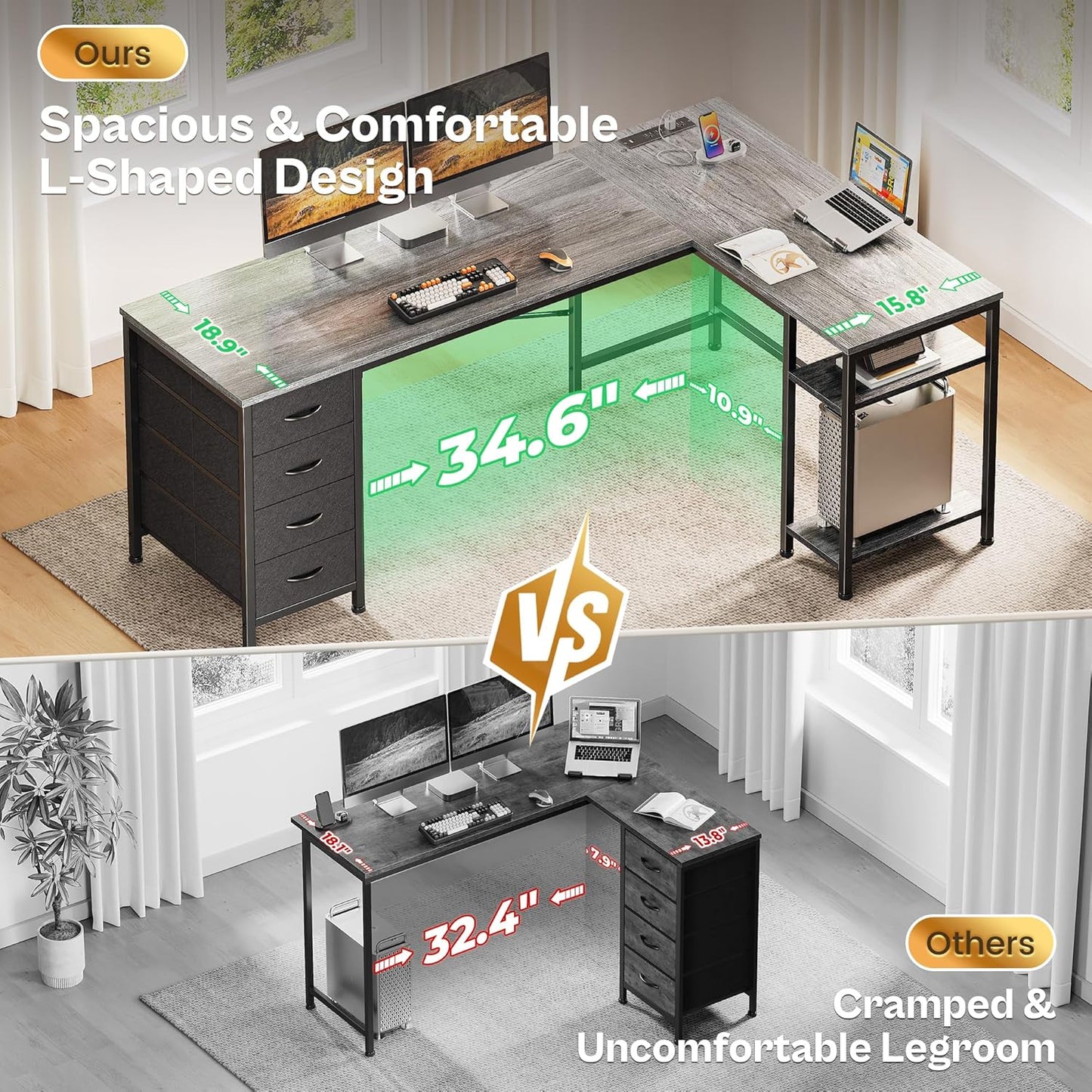 Huuger 63 Inch L Shaped Desk with Fabric Drawers, Reversible Computer Gaming Desk with Power Outlets and USB-C Port, Adjustable Side Storage Shelves, for Work Study Corner Home Office, Grey