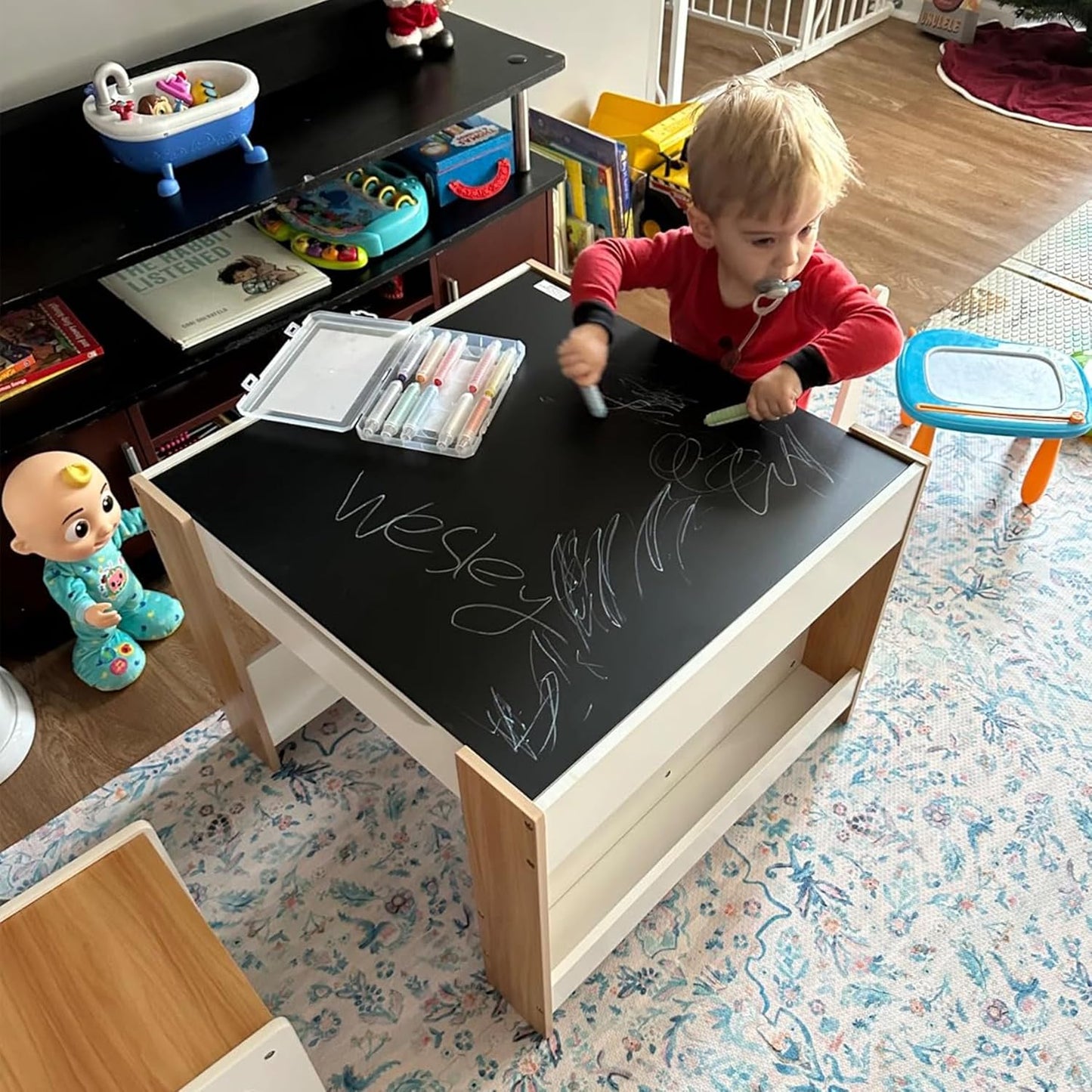 Asweets Kids Table and Chair Set,4 in 1 Toddler Desk with Storage Drawer,Wooden Activity Table for 2 in 1 Detachable Tabletop,Bookshelf,Suitable for Classroom,Home,Nursery,Playroom (Pure White)