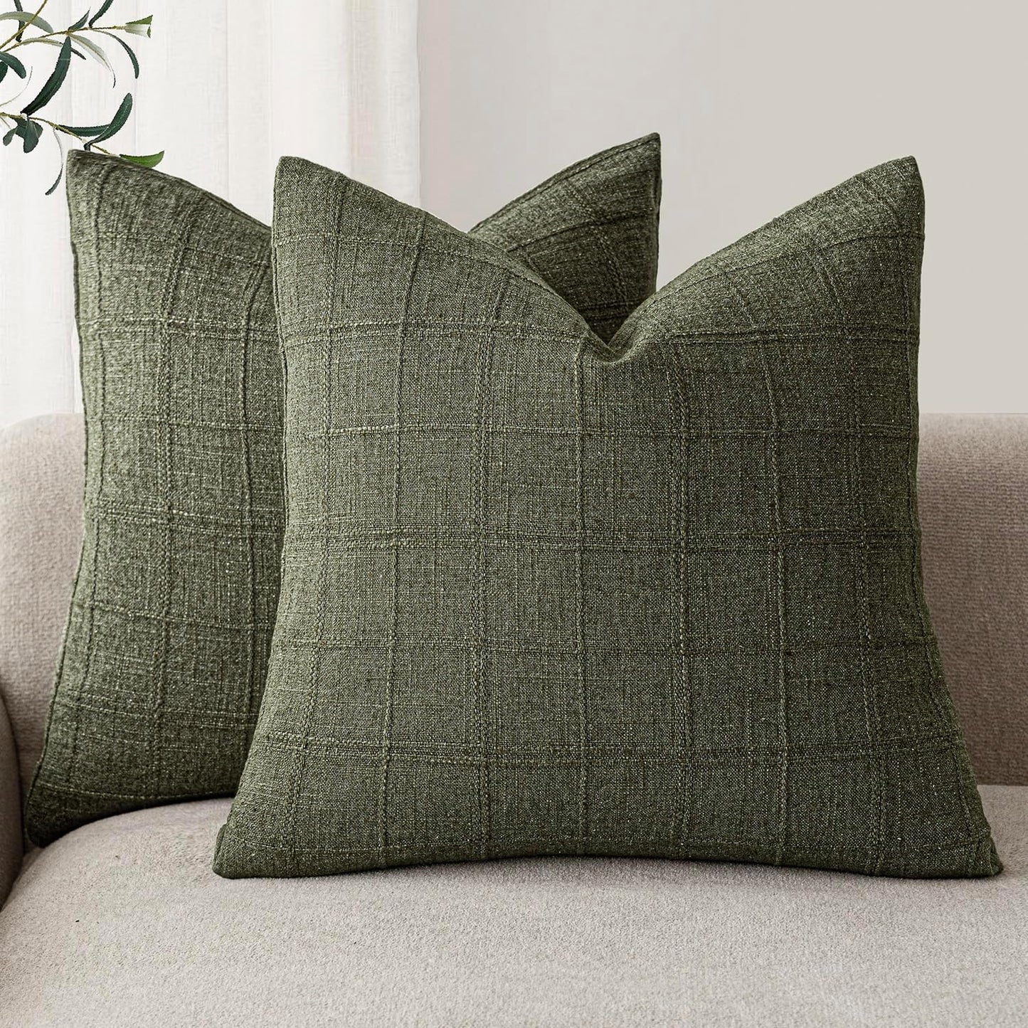 Foindtower Set of 2 Decorative Linen Check Throw Pillow Covers Neutral Farmhouse Vintage Cushion Covers Modern Boho Home Decor for Sofa Chair Couch Bedroom Living Room Outdoor,16×16 Inch,Olive Green