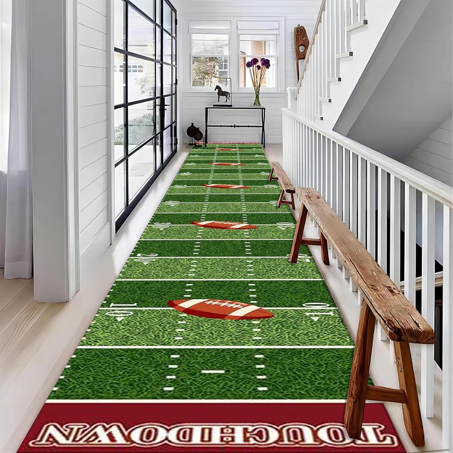 Rugby Runner Carpet, 1.3x7ft, American Football Touchdown Indoor Rugs, Machine Washable Durable High Traffic Rug, with Non Slip Backing Absorbent Carpets for Entryway Living Room