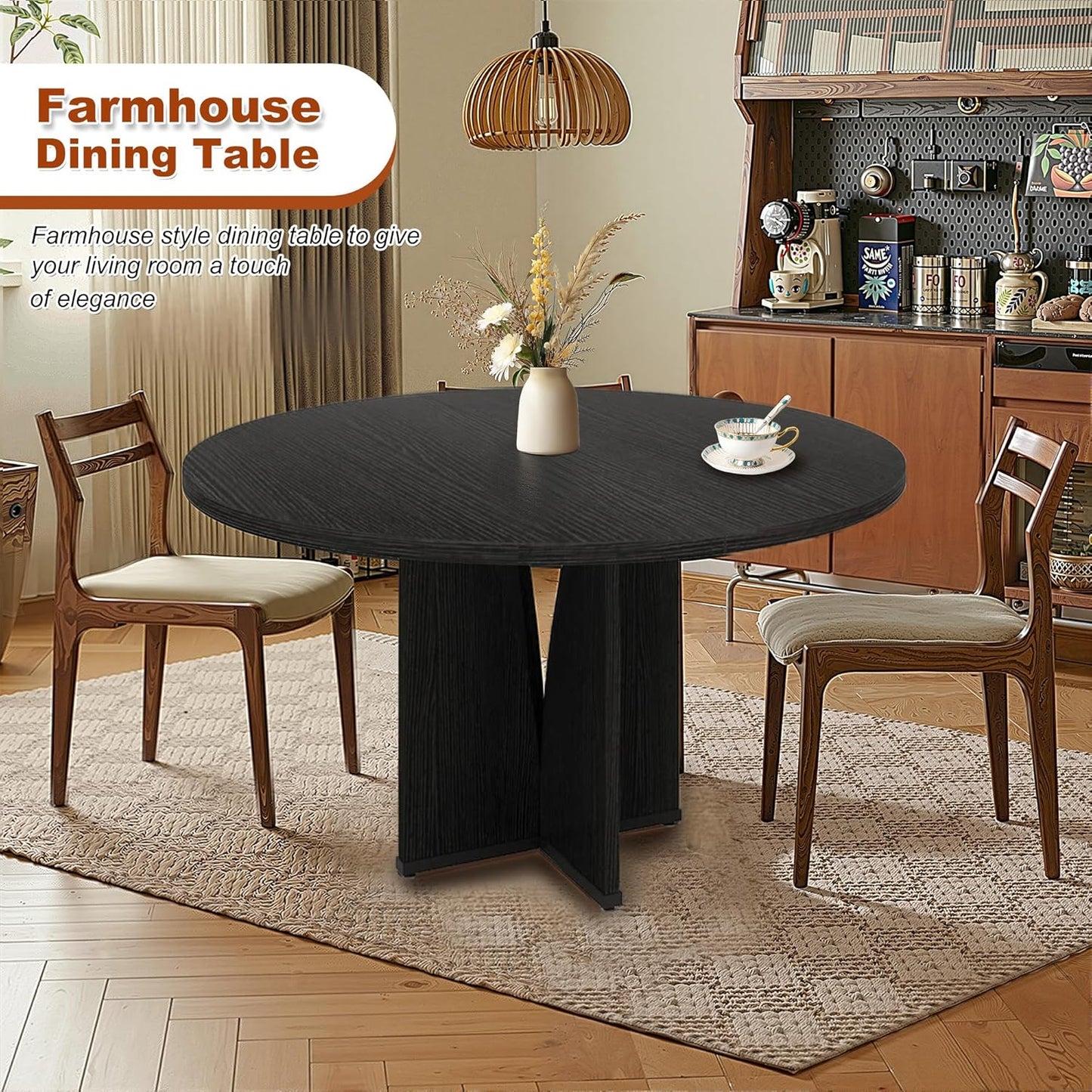 Round Dining Table for 4, 39 Inch Small Dinner Table Farmhouse Wooden Circle Kitchen Tables with Cross Base for Dining Room, Kitchen, Living Room, Black