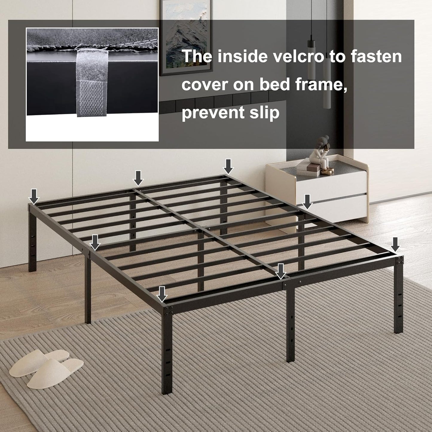 18 Inch King Size Bed Frame with Black Bed Cover, Metal King Size Platform Bed Frame No Box Spring Needed, Heavy Duty Mattress Foundation, Easy Assembly, Noise Free