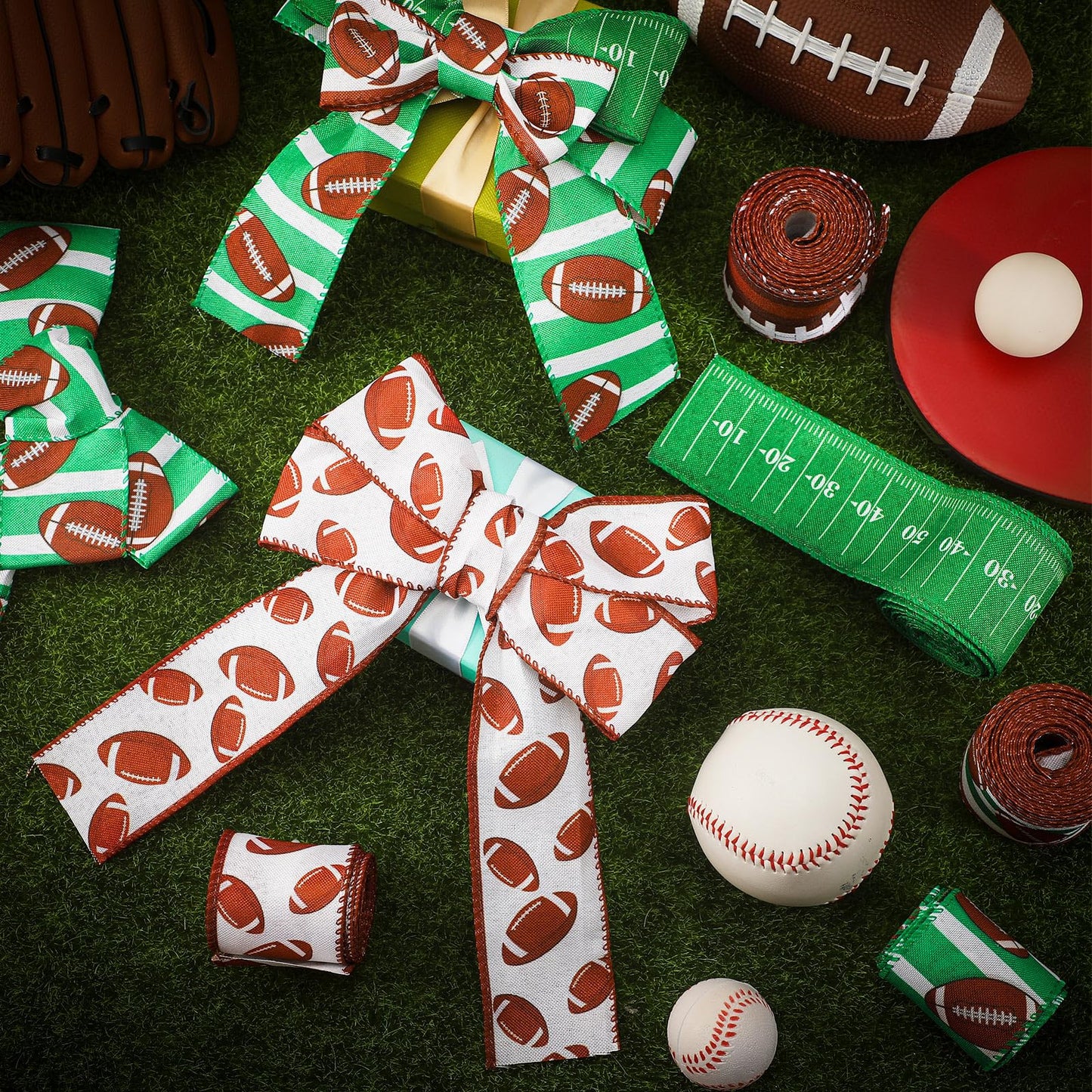Tigeen 6 Roll Football Wired Edge Ribbon Ball Field Pattern Craft Ribbon Team Sports Burlap Rolls for Wreath Gift Wrapping Bow Sewing DIY Crafts Party Decor, 2 Inch x 30 Yards